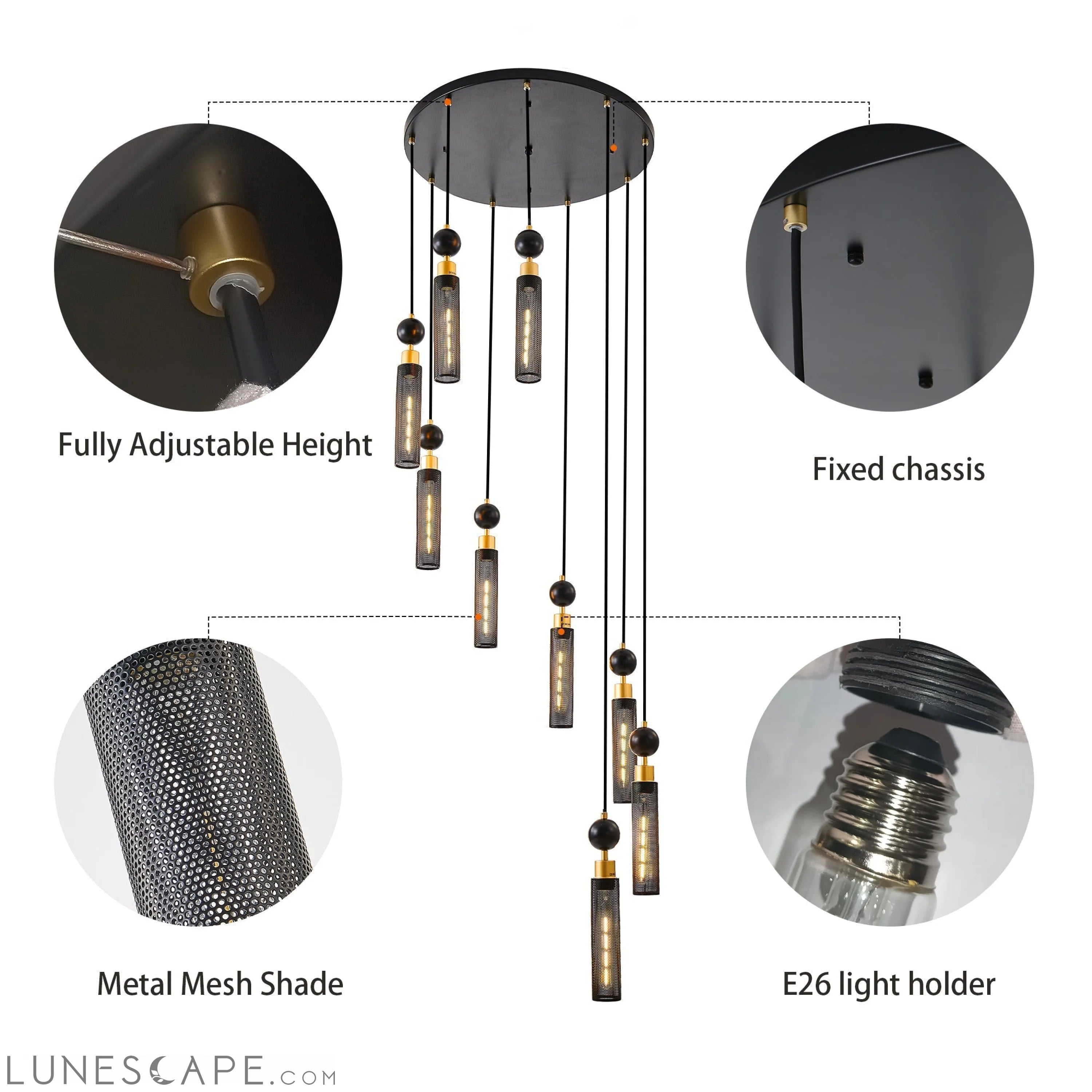 Modern Industrial Multi-Light Pendant Chandelier 9-Light Black & Gold LUNESCAPE
