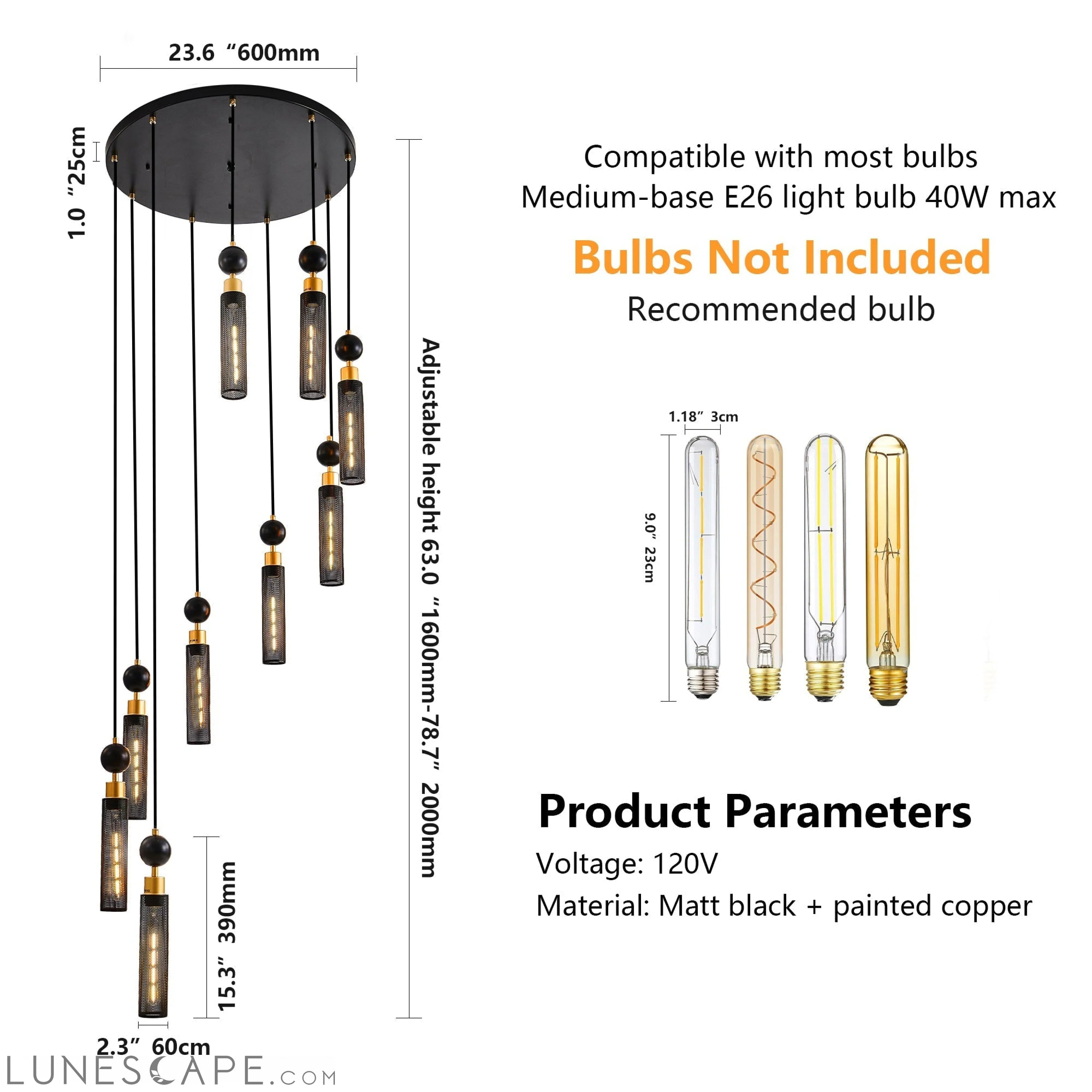 Modern Industrial Multi-Light Pendant Chandelier 9-Light Black & Gold LUNESCAPE