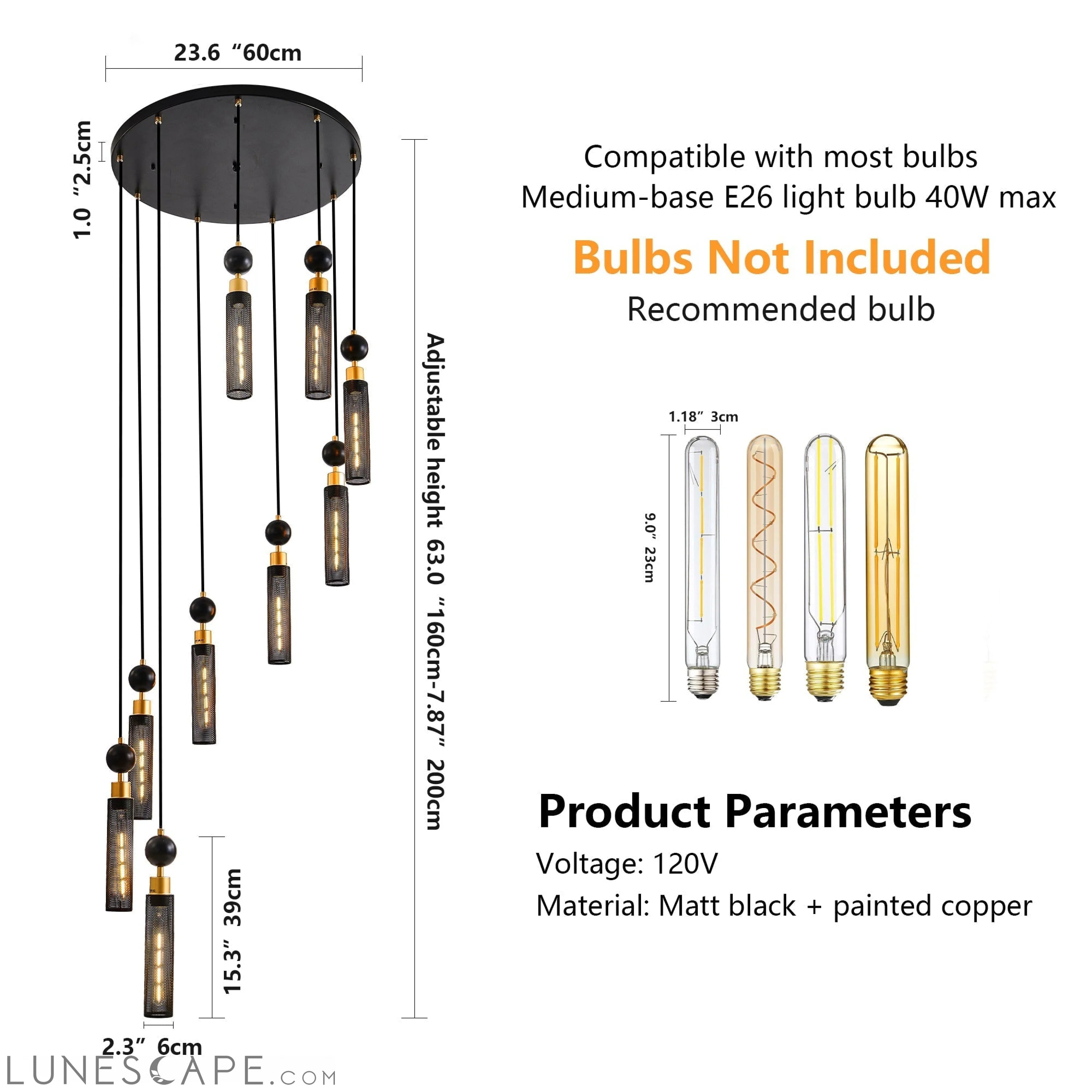 Modern Industrial Multi-Light Pendant Chandelier 9-Light Black & Gold LUNESCAPE
