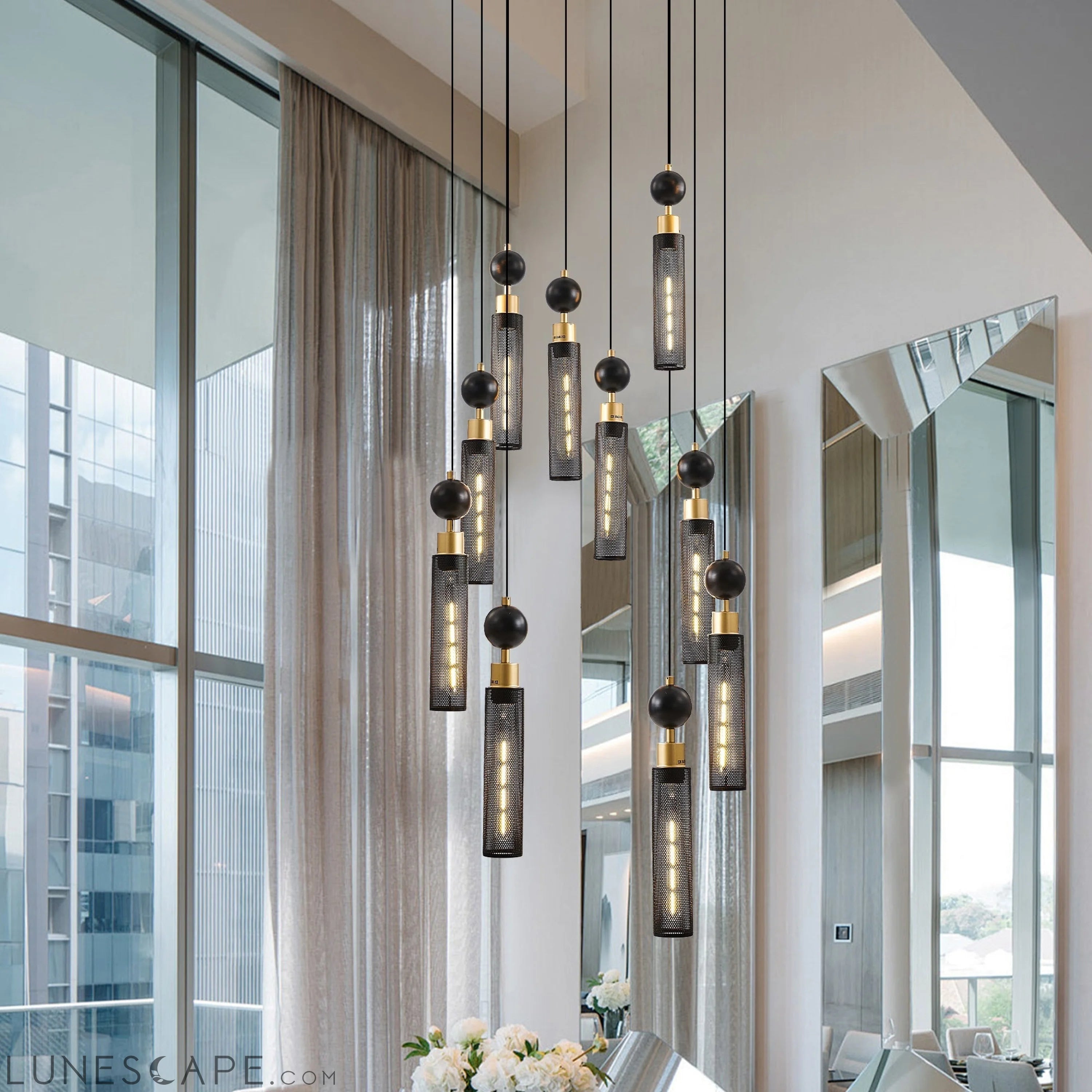 Modern Industrial Multi-Light Pendant Chandelier 9-Light Black & Gold LUNESCAPE