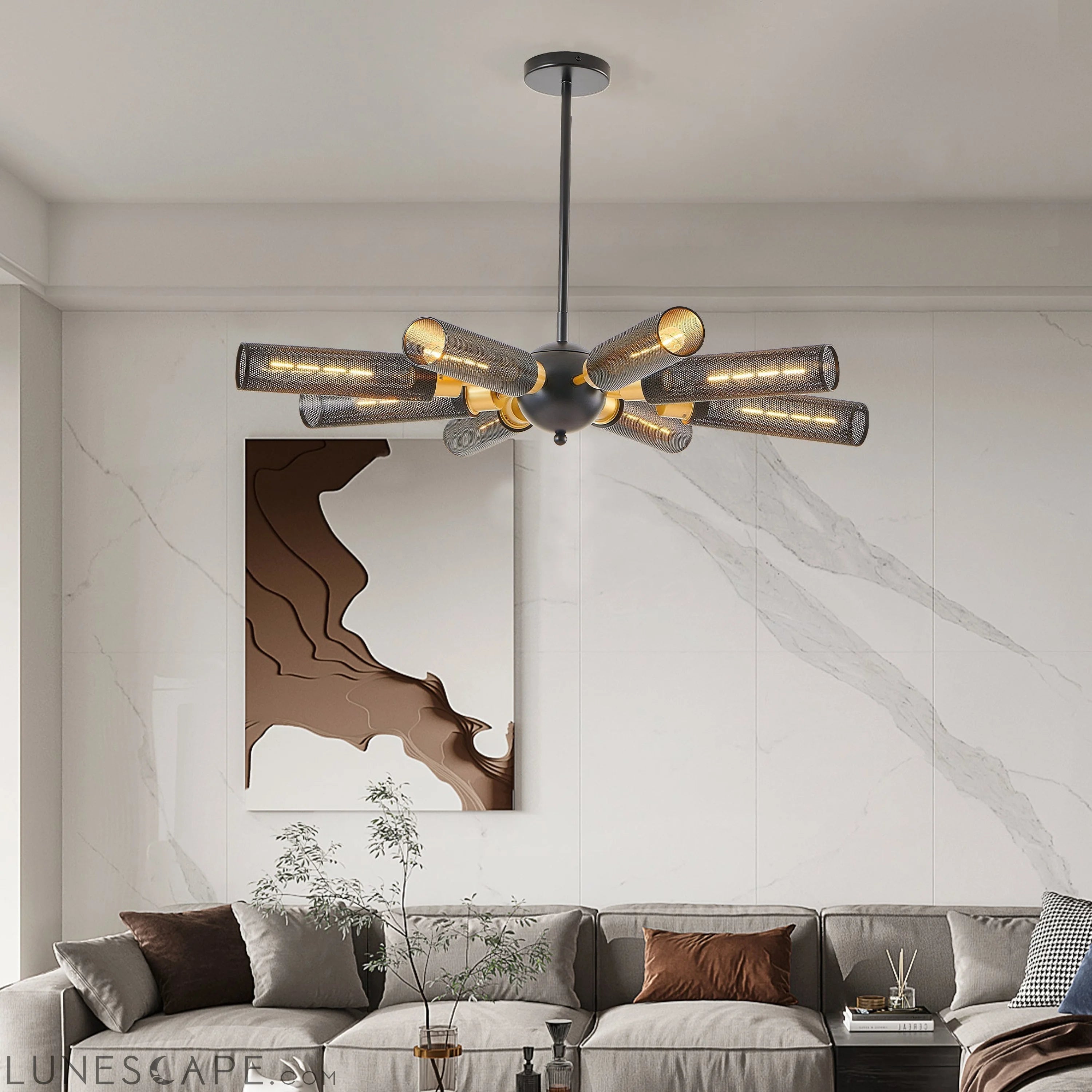 Modern Industrial Sputnik Chandelier, 8-Light Black and Gold Metal LUNESCAPE