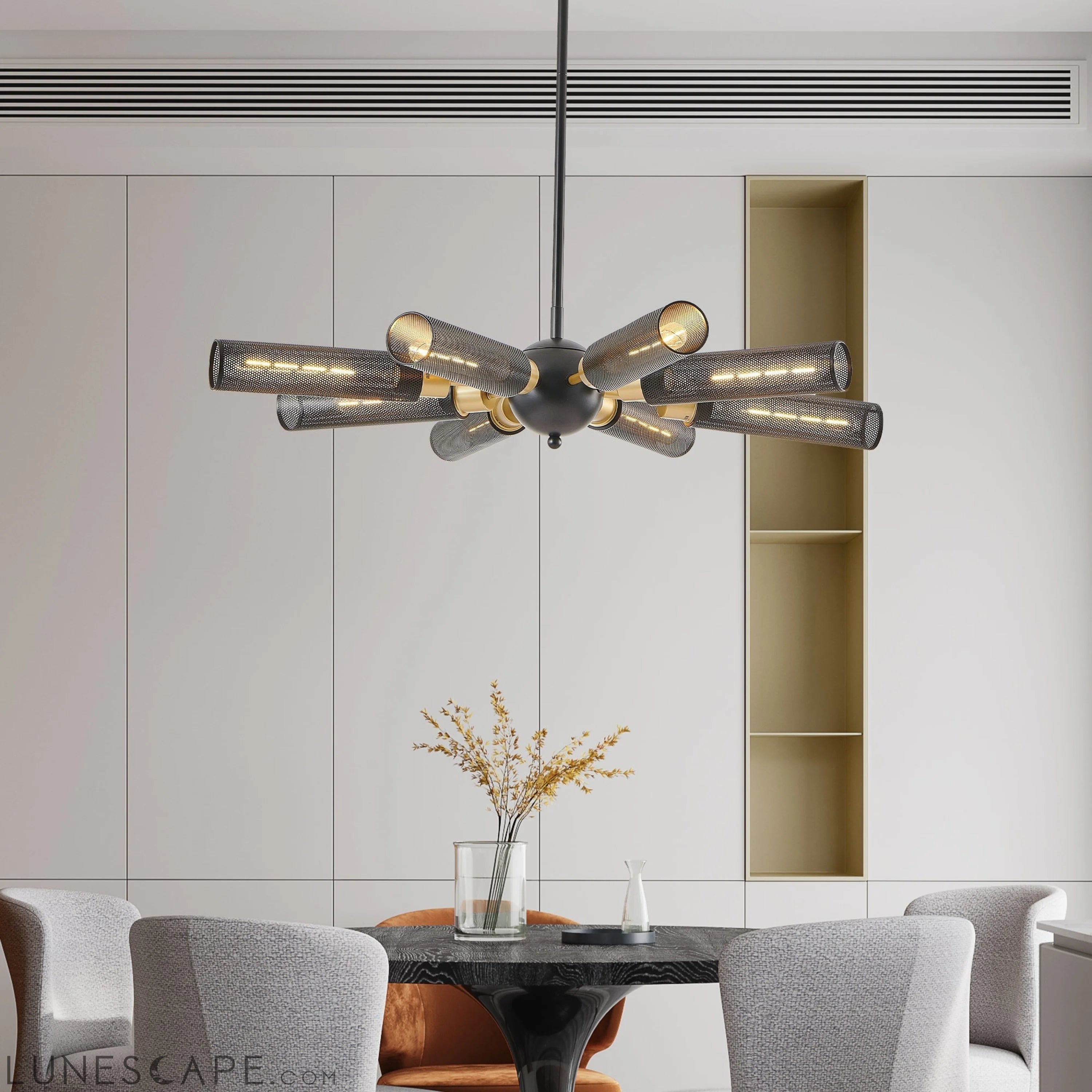 Modern Industrial Sputnik Chandelier, 8-Light Black and Gold Metal LUNESCAPE