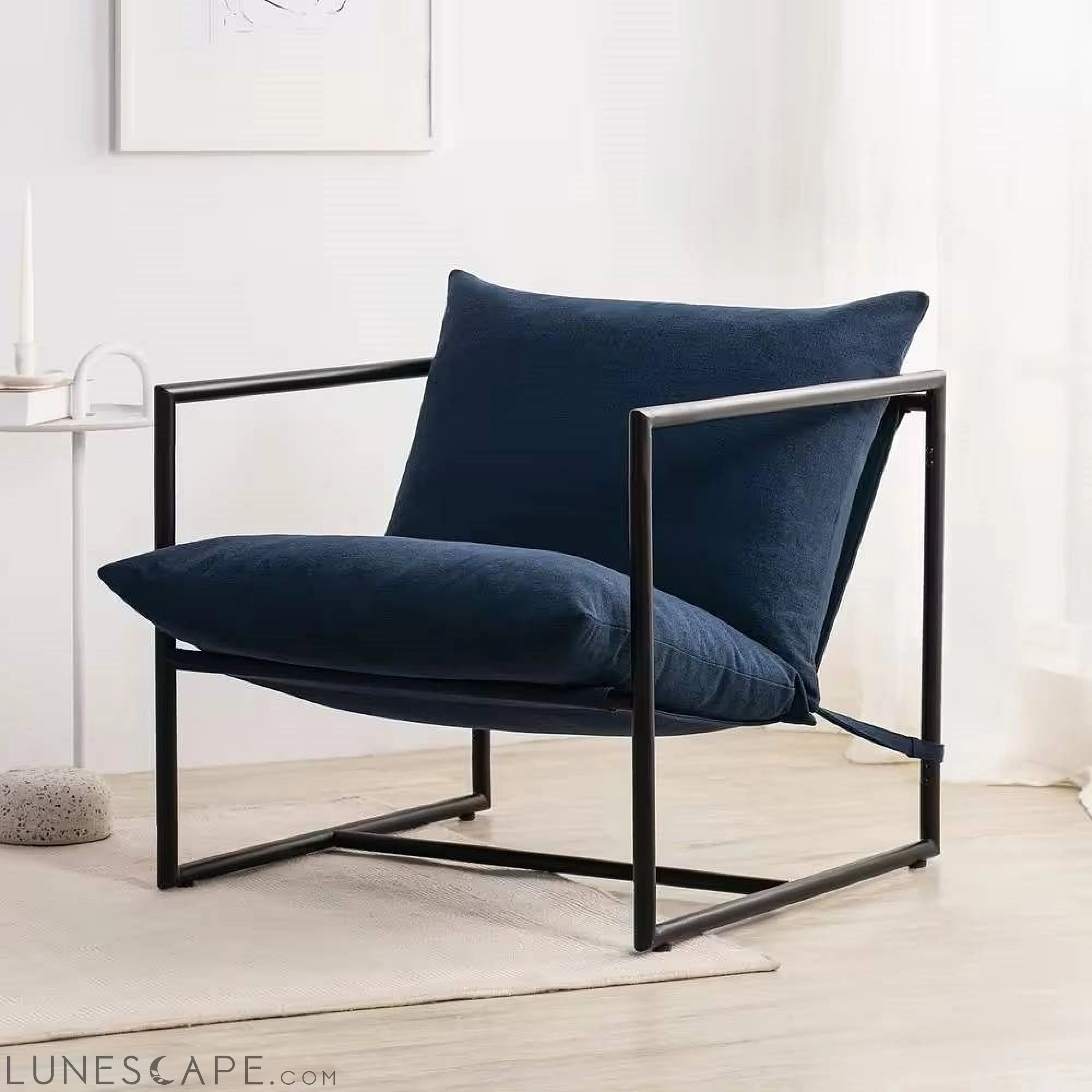 Modern Navy Blue Upholstered Accent Chair with Metal Frame LUNESCAPE