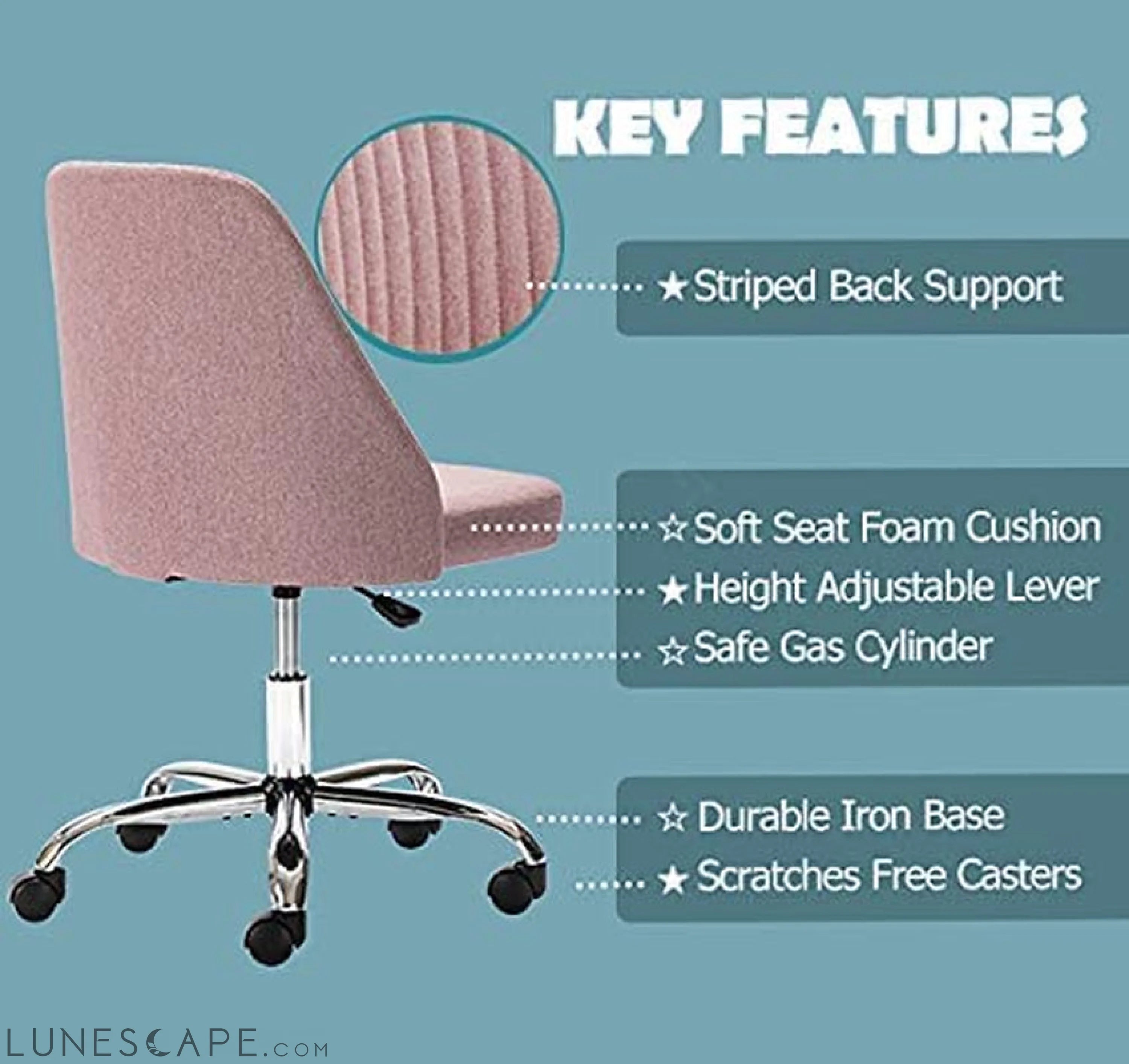 Modern Pink Rolling Desk Chair with Wheels LUNESCAPE