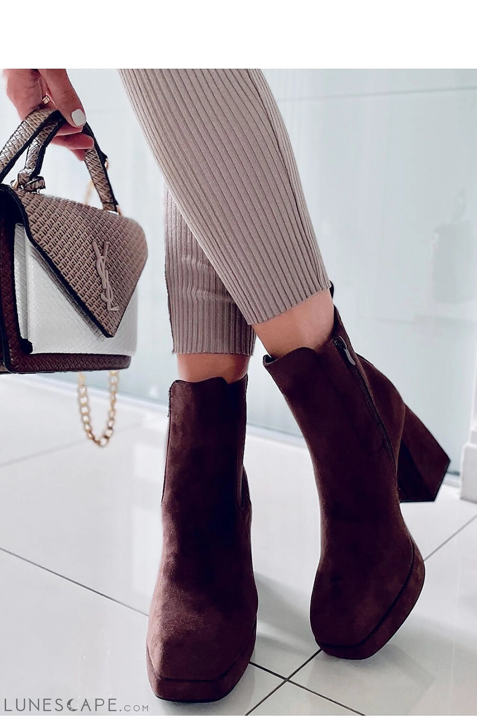 Monochrome Brown Suede High Heel Chelsea Boots with Side Zip LUNESCAPE
