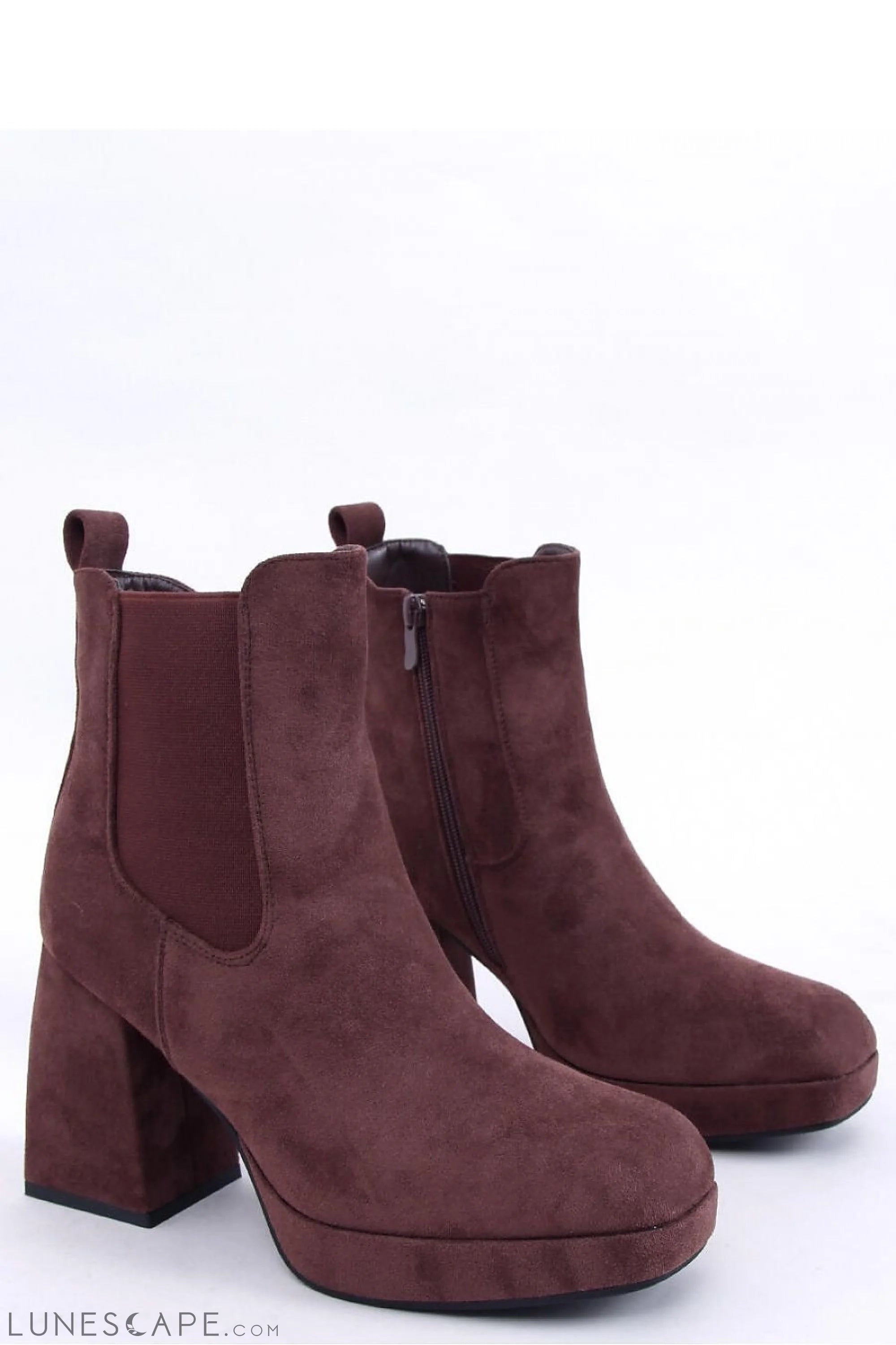 Monochrome Brown Suede High Heel Chelsea Boots with Side Zip LUNESCAPE