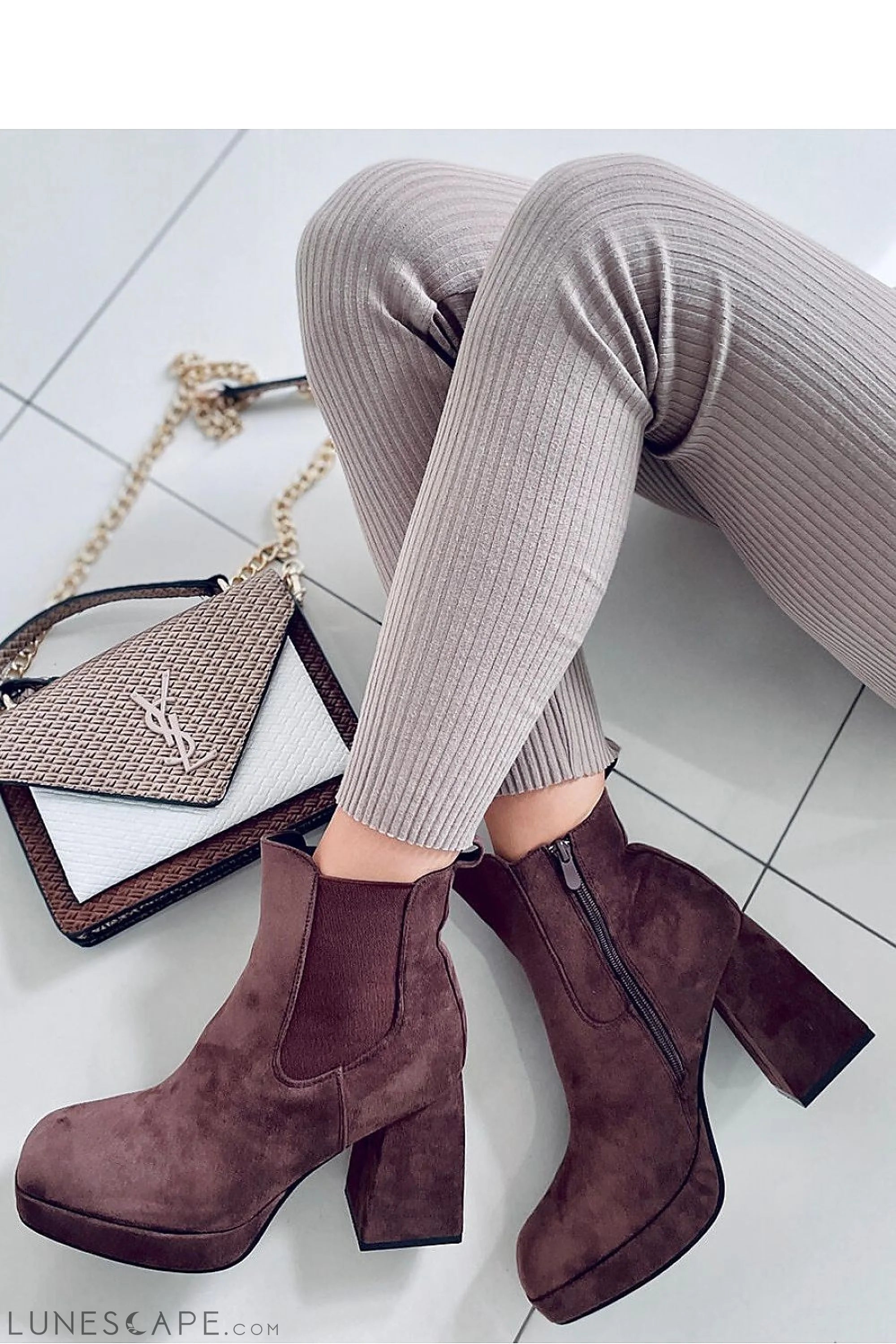 Monochrome Brown Suede High Heel Chelsea Boots with Side Zip LUNESCAPE