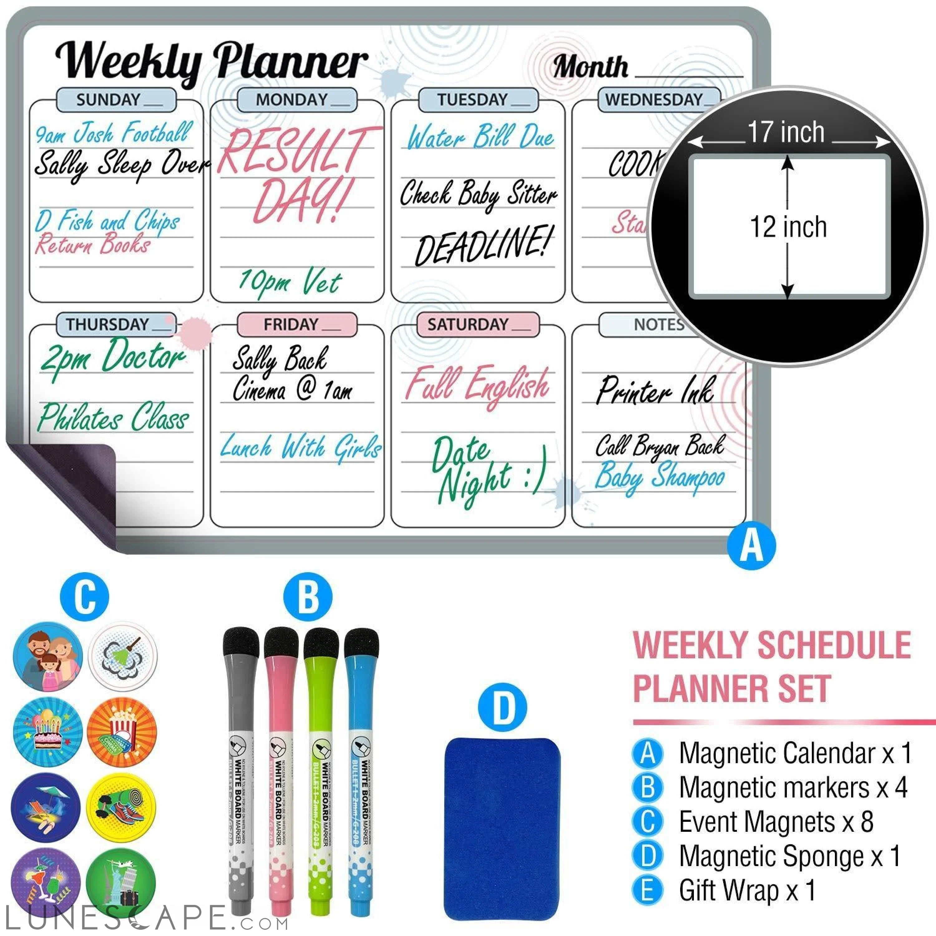 Monthly Magnetic Calendar for Fridge 12x17 In with 3 Markers & Eraser LUNESCAPE