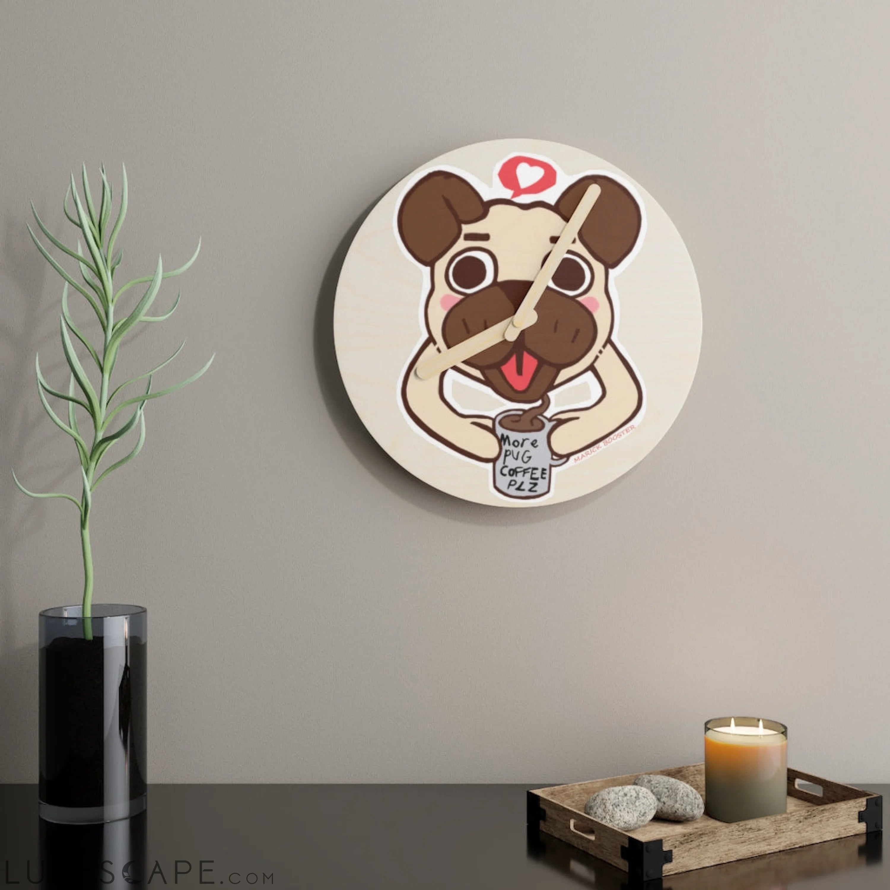 More Pug Coffee Please Wooden Wall Clock LUNESCAPE