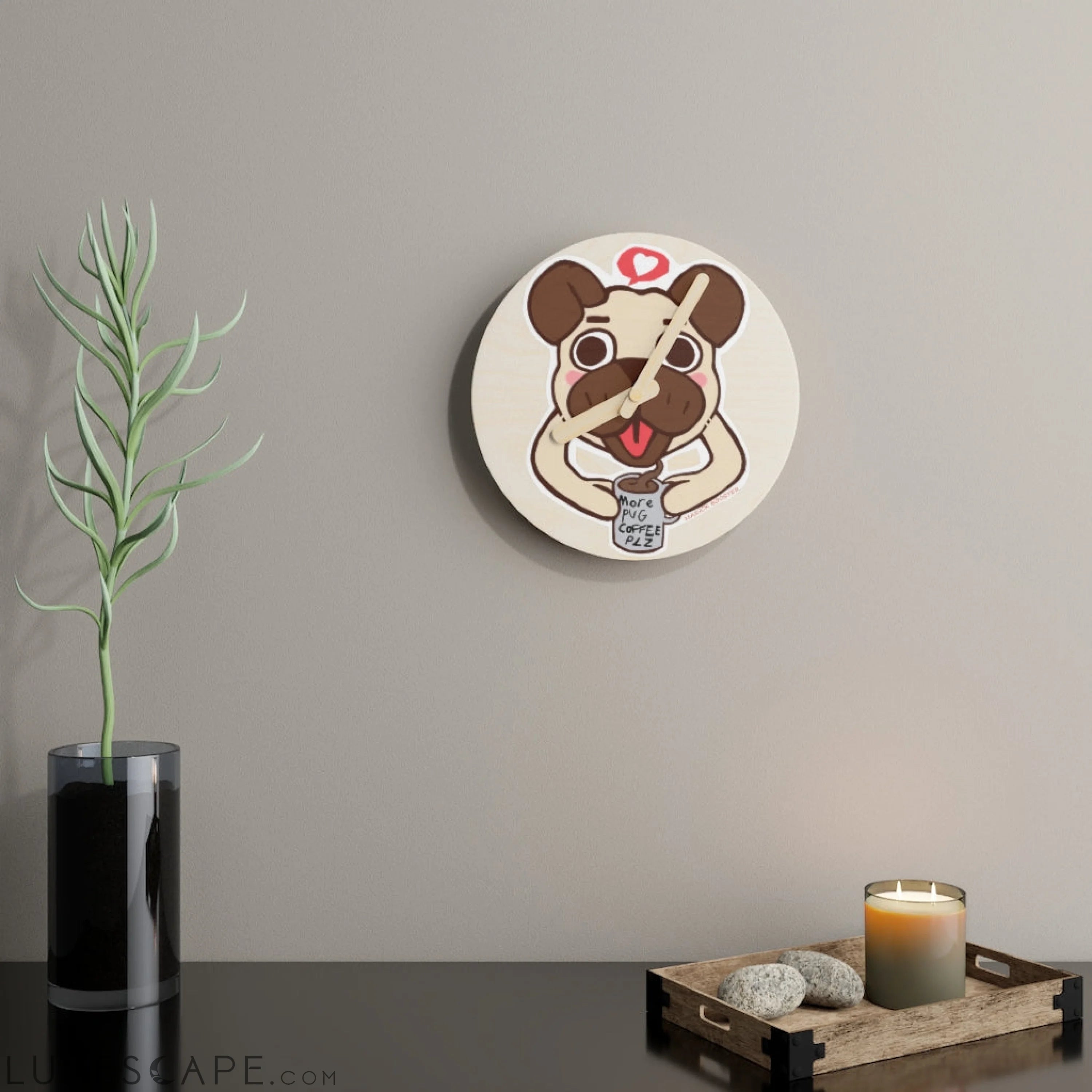 More Pug Coffee Please Wooden Wall Clock LUNESCAPE