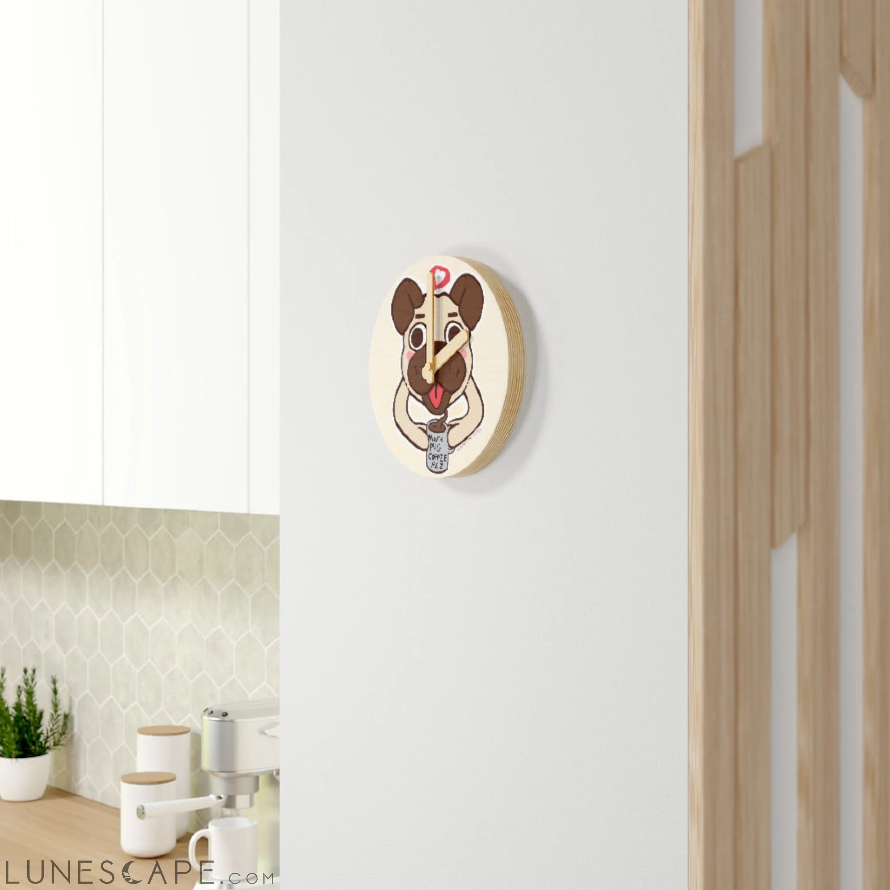 More Pug Coffee Please Wooden Wall Clock LUNESCAPE