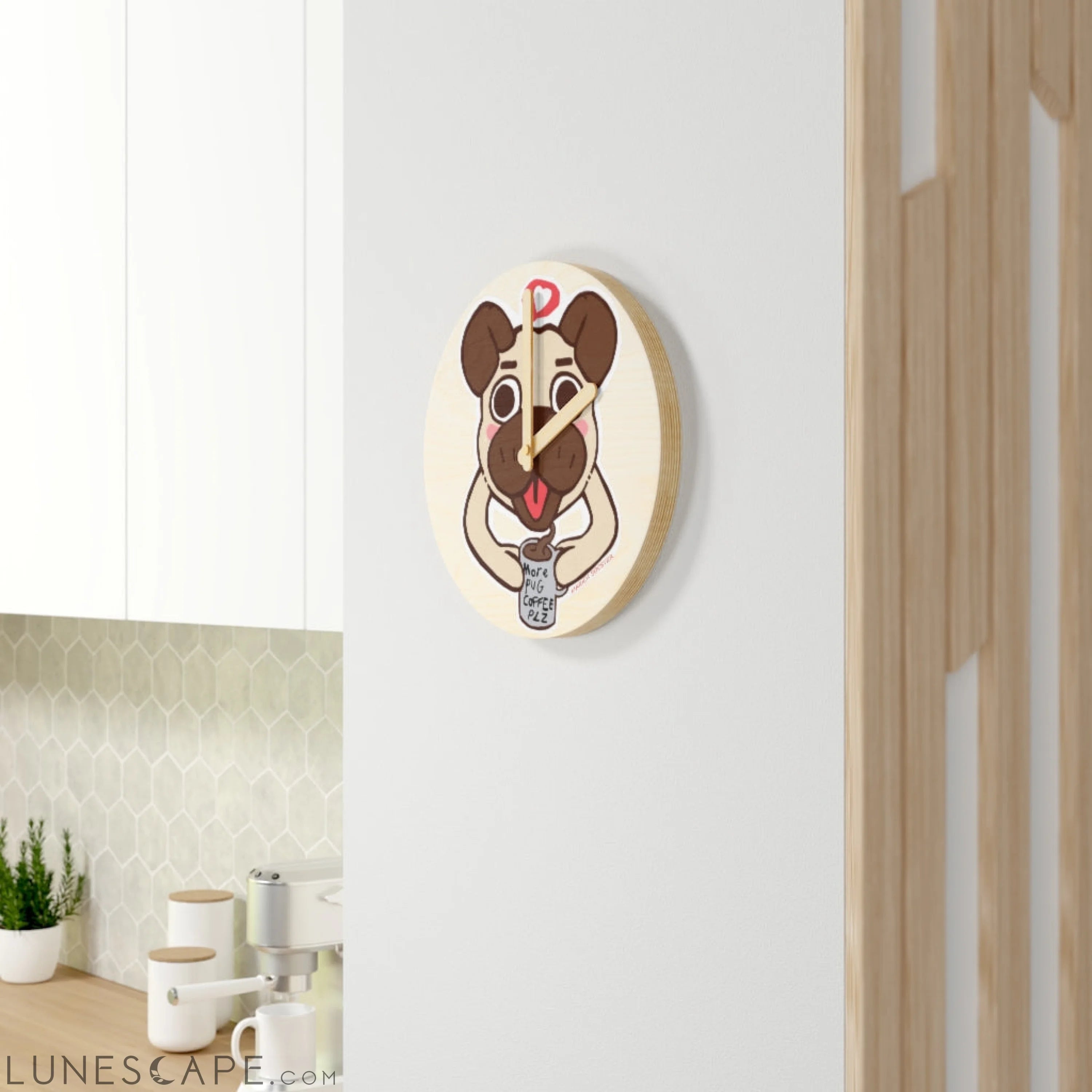 More Pug Coffee Please Wooden Wall Clock LUNESCAPE