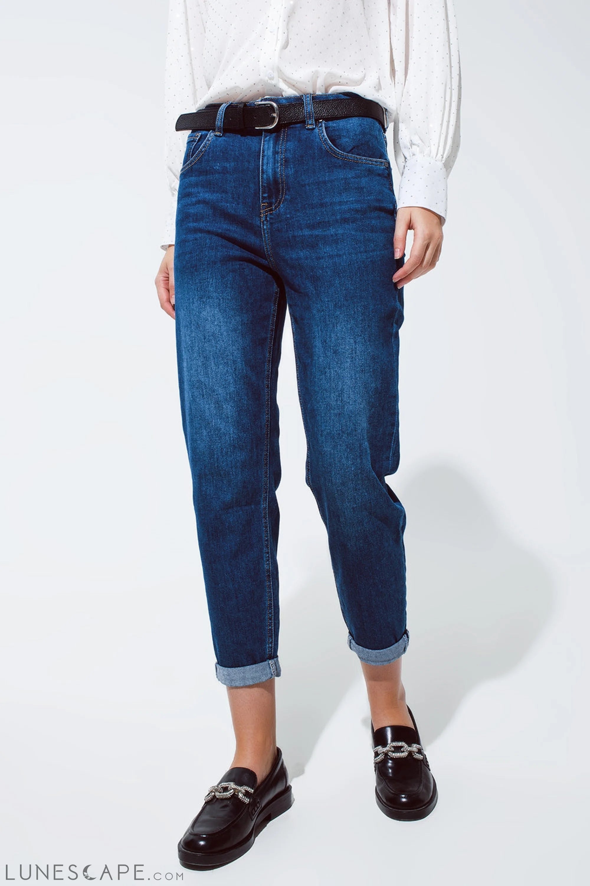 Mum Jean in Medium Wash With Folded Hem LUNESCAPE