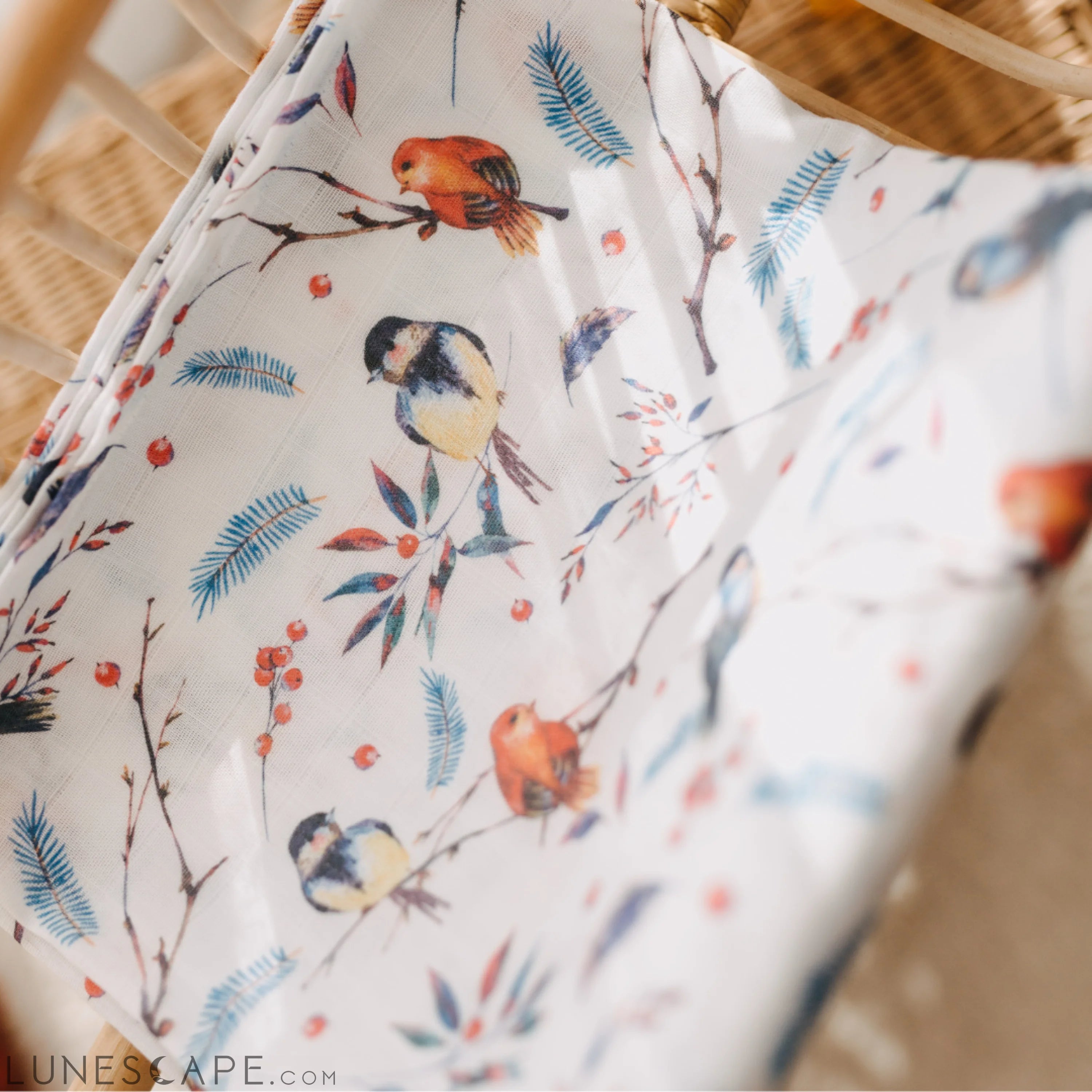 Muslin Swaddle Baby Blanket Robin Birds LUNESCAPE