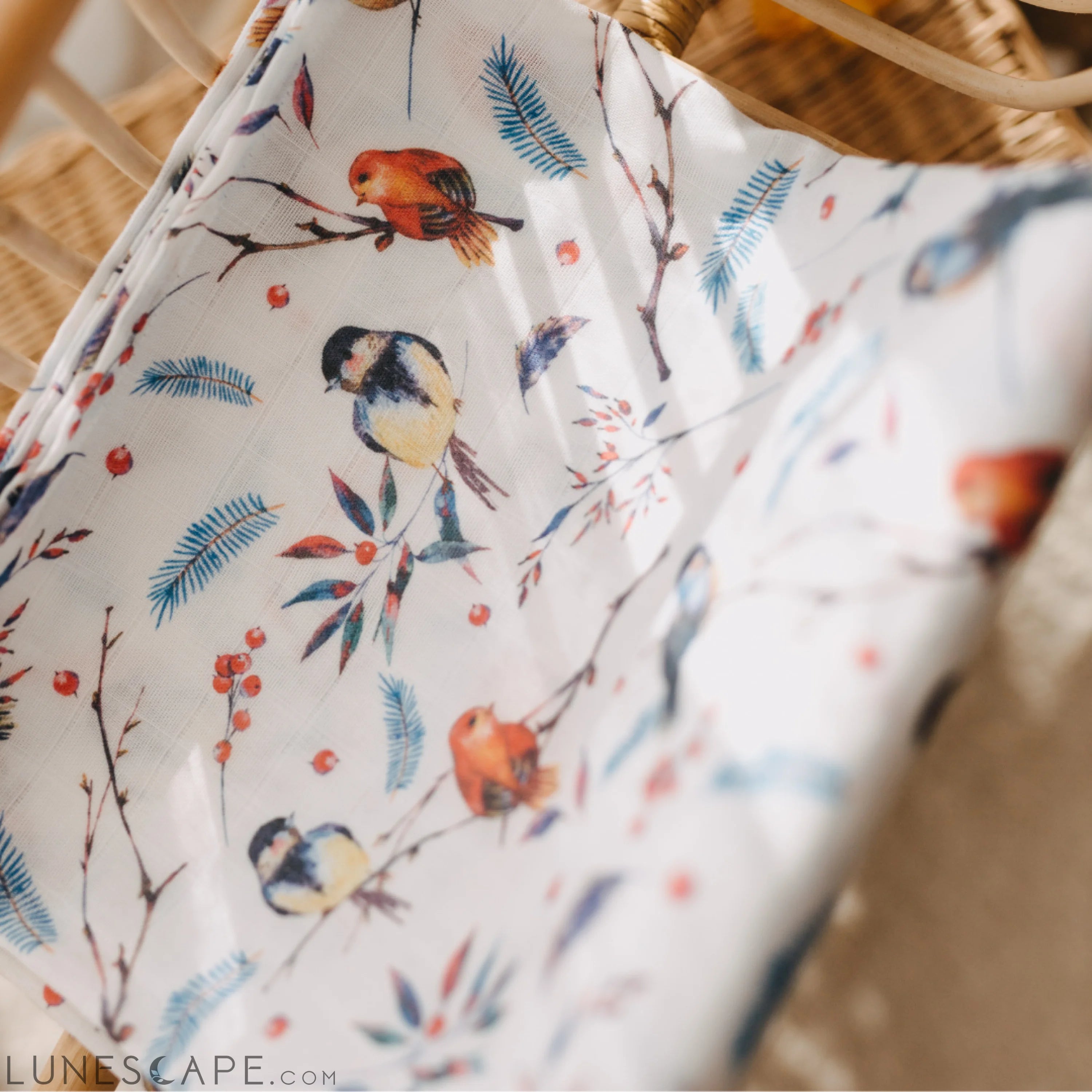 Muslin Swaddle Baby Blanket Robin Birds LUNESCAPE
