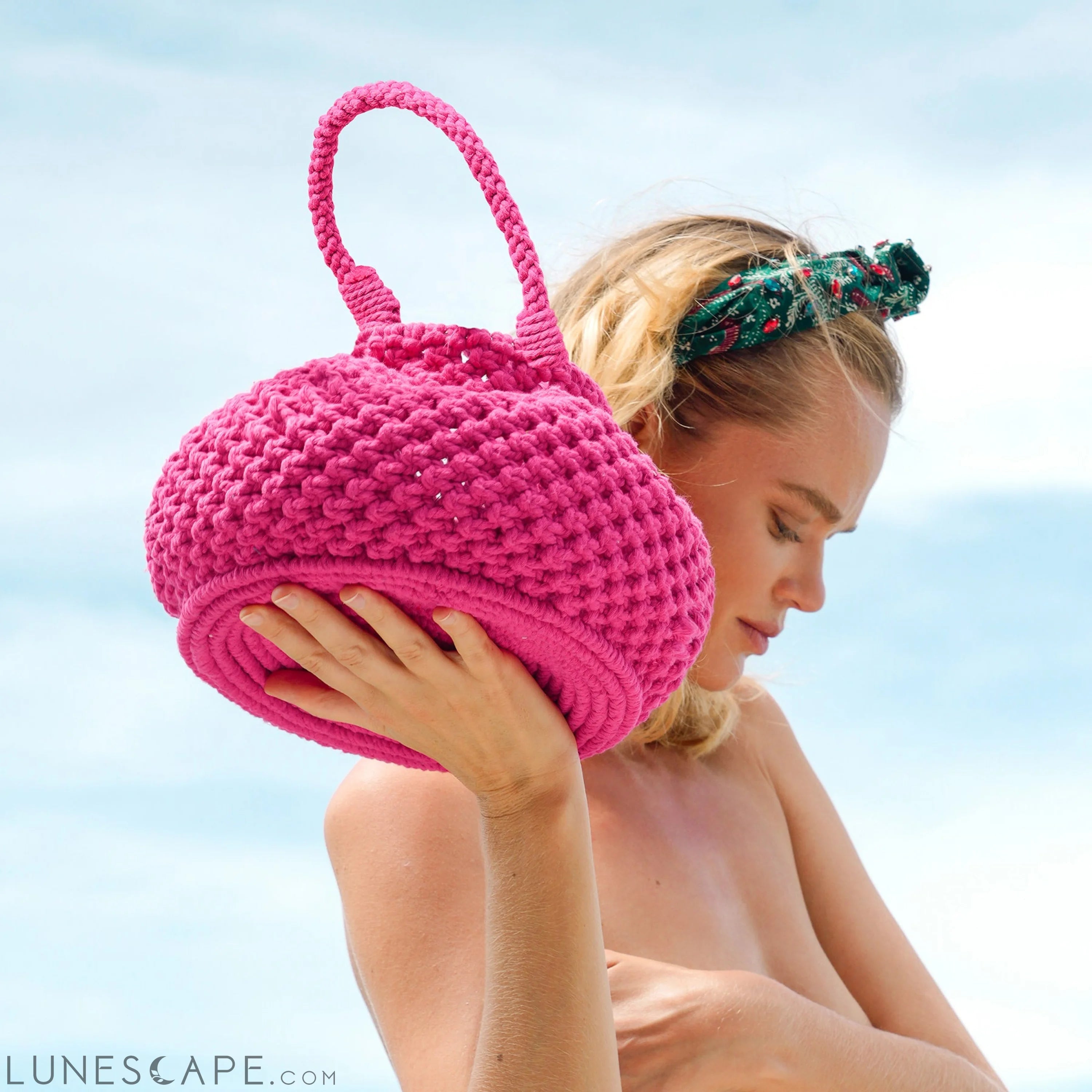 NAGA Macrame Vessel Basket Bag, in Shocking Pink LUNESCAPE