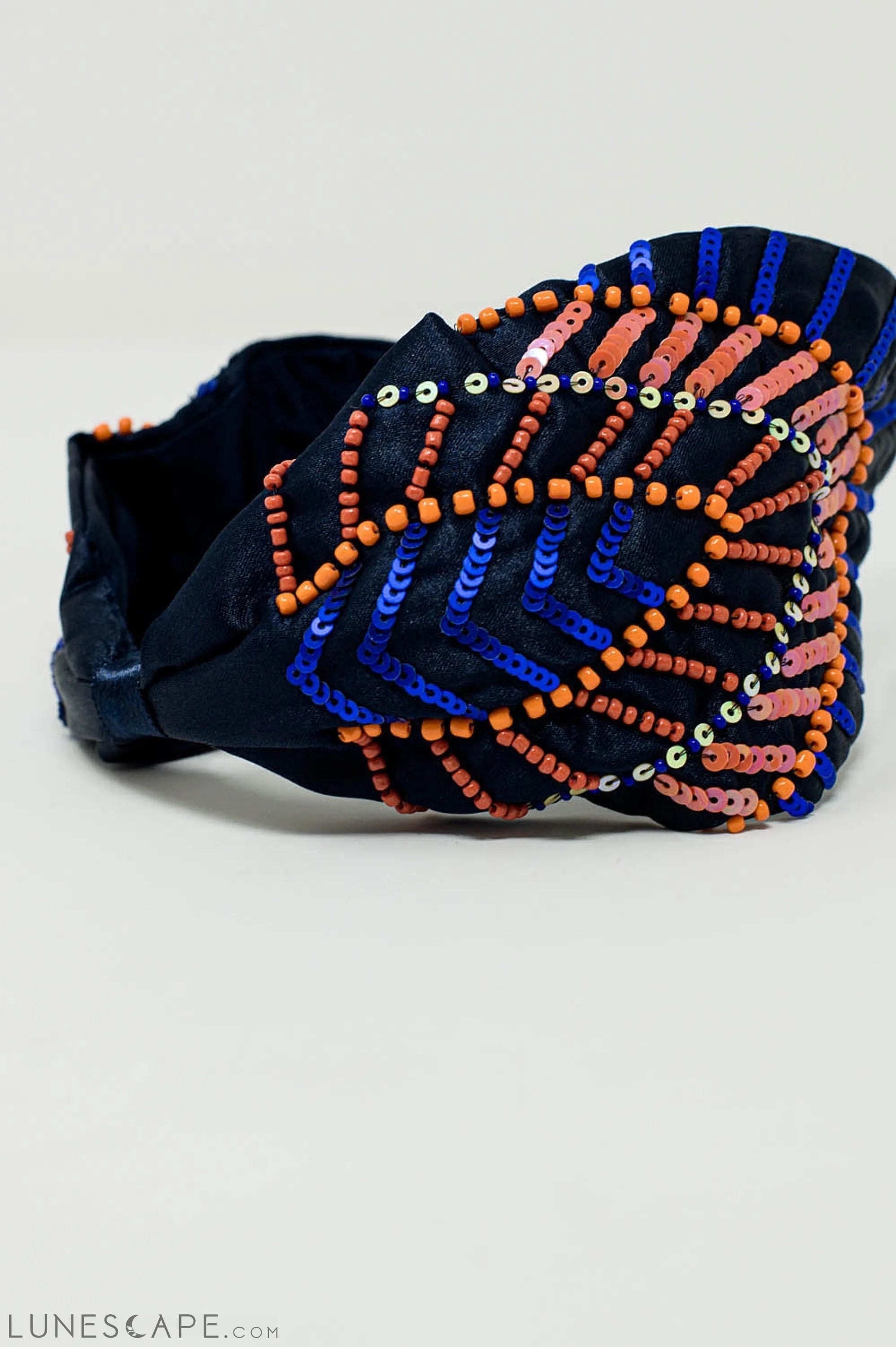 Navy Blue Headband With Sequin and Rhinestone Embellishments LUNESCAPE
