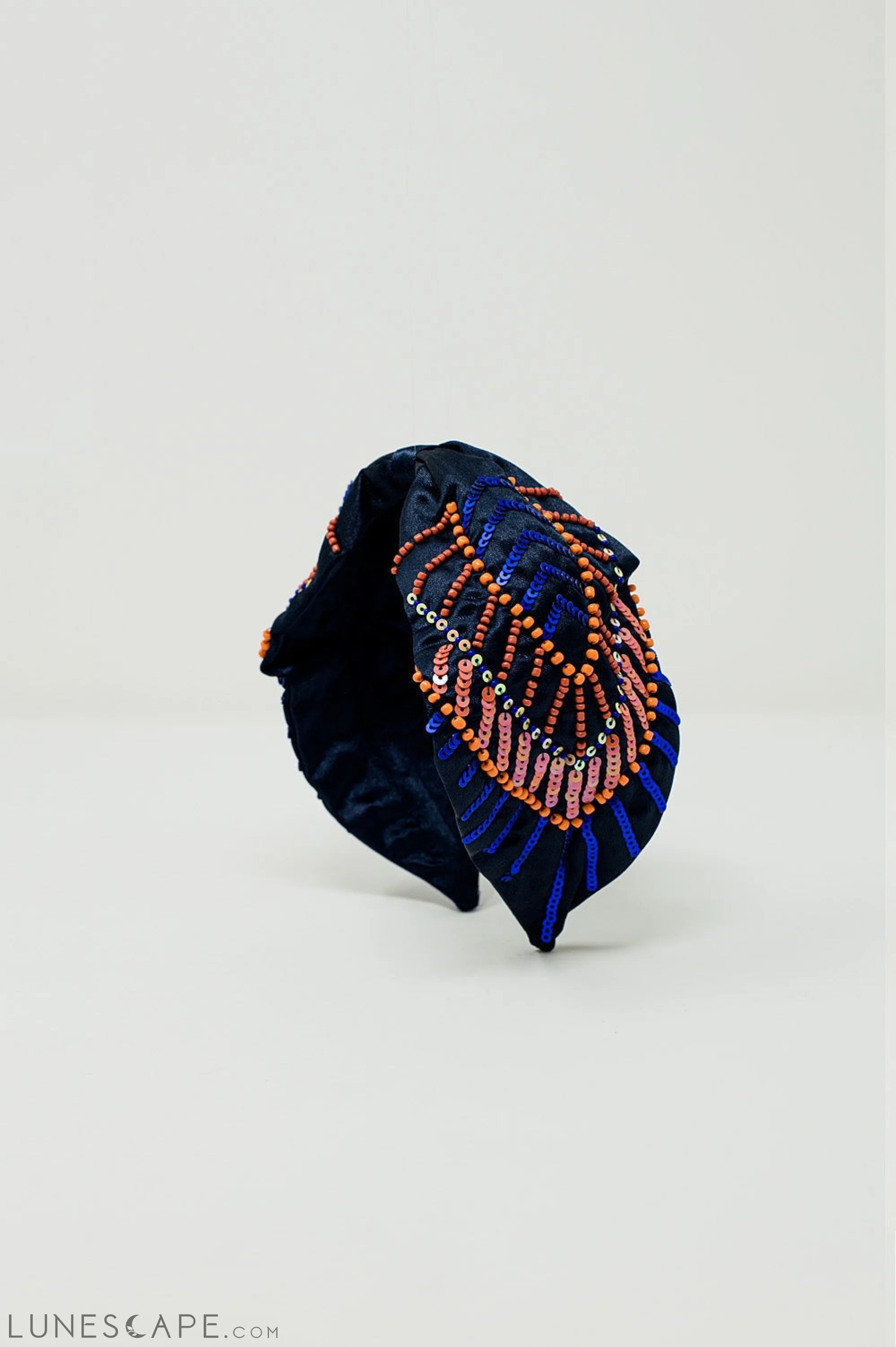 Navy Blue Headband With Sequin and Rhinestone Embellishments LUNESCAPE
