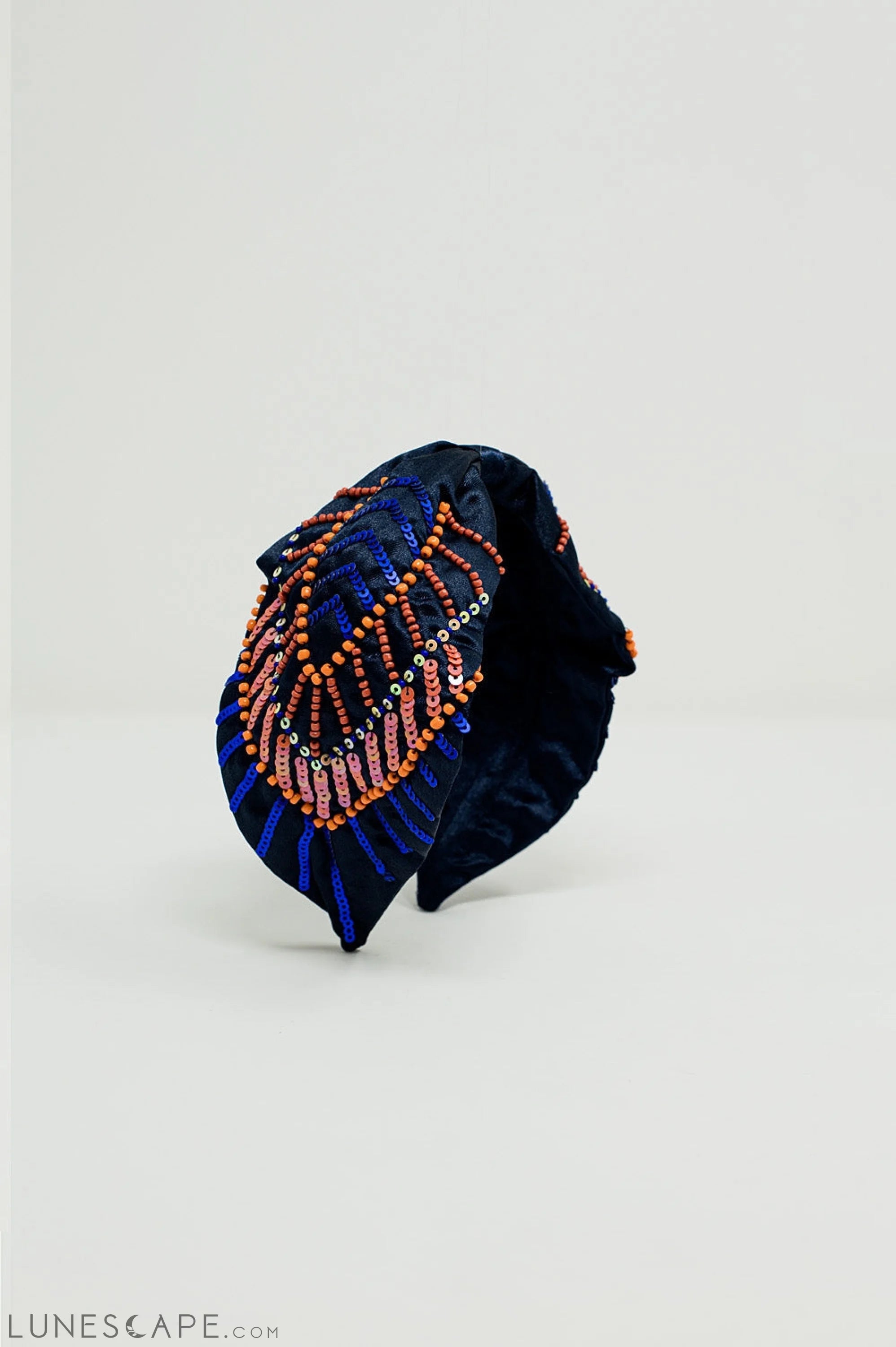 Navy Blue Headband With Sequin and Rhinestone Embellishments LUNESCAPE