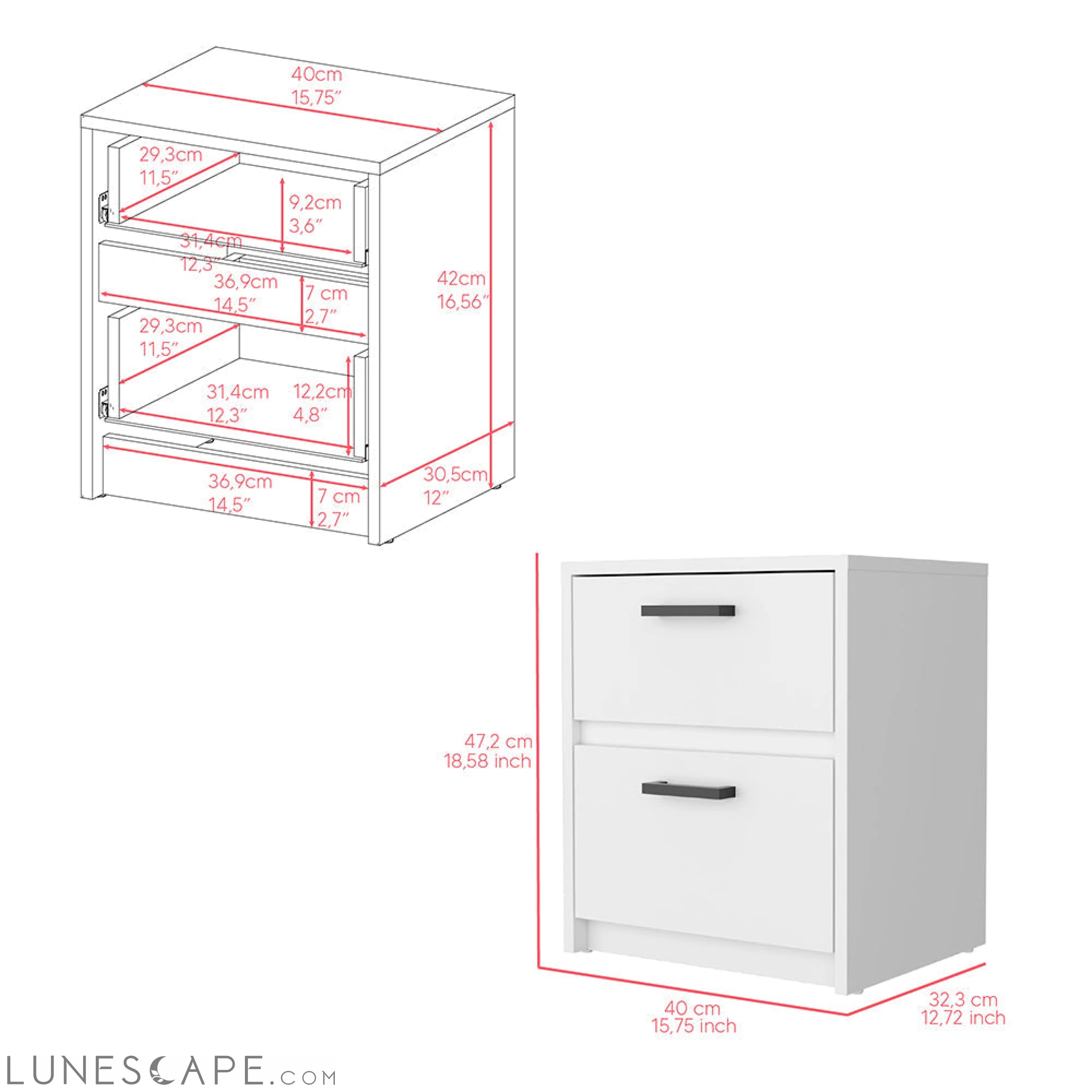 Nightstand Chequered, Two Drawes, White Finish LUNESCAPE