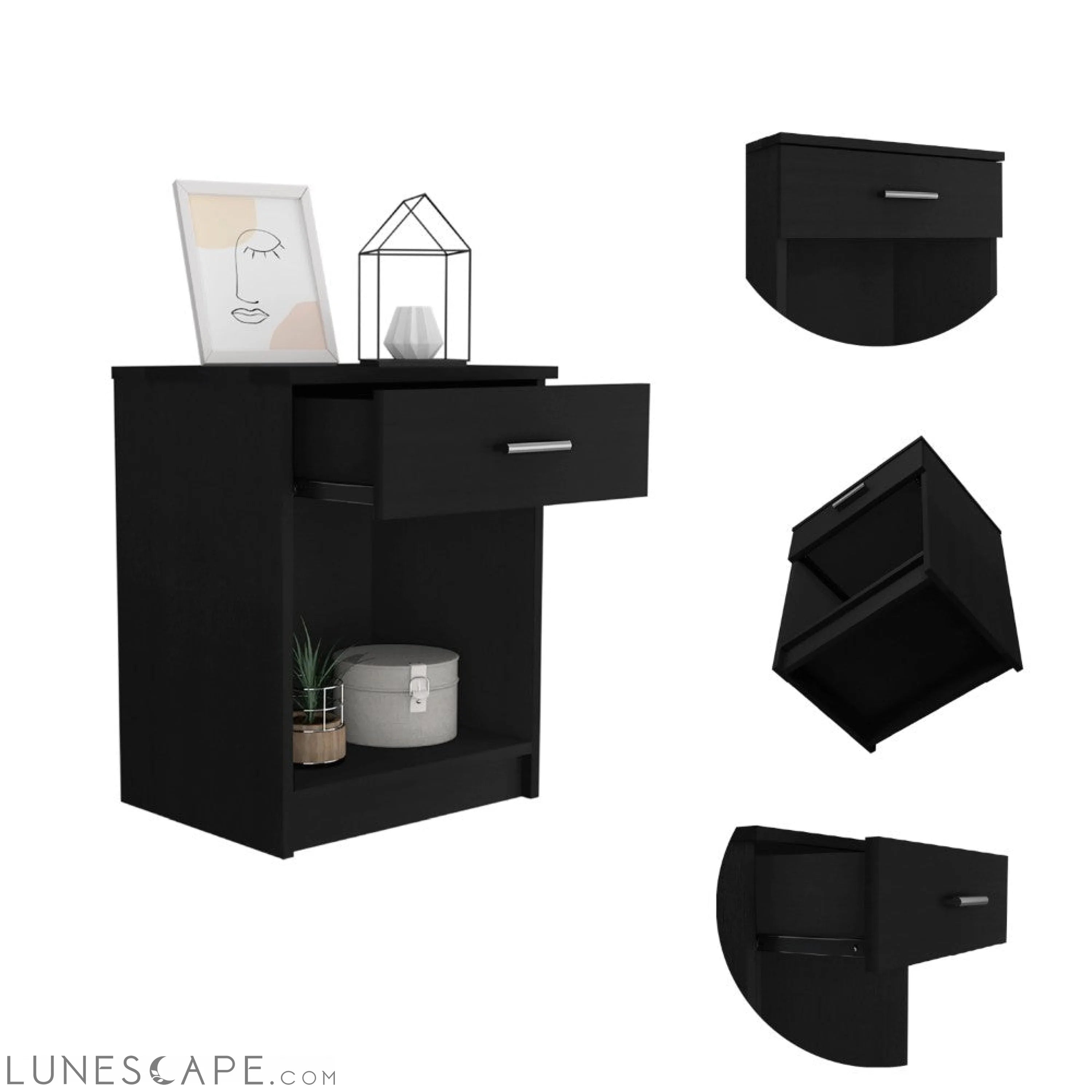 Nightstand Coco, Single Drawer, Lower Shelf, Black Wengue Finish LUNESCAPE