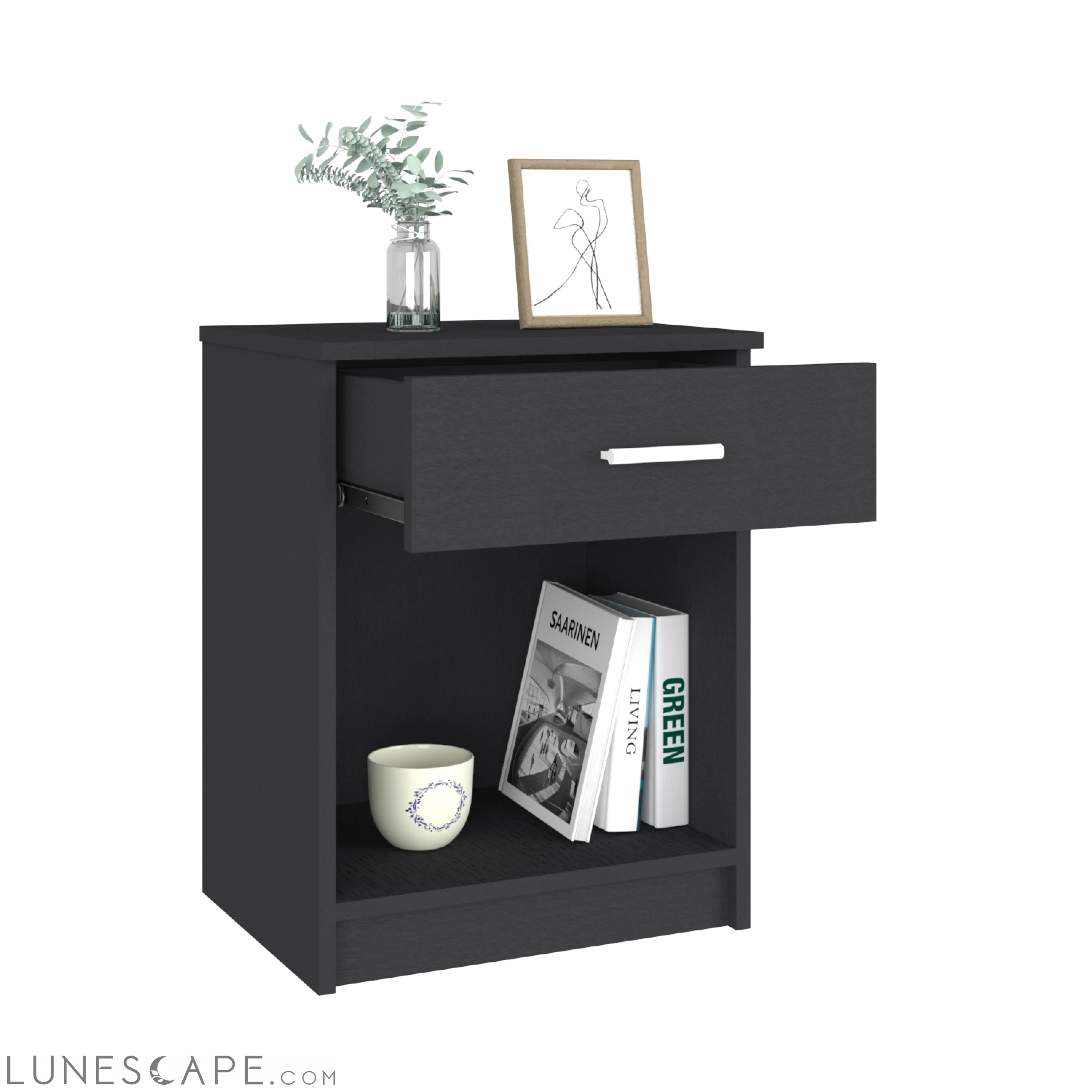 Nightstand Coco, Single Drawer, Lower Shelf, Black Wengue Finish LUNESCAPE