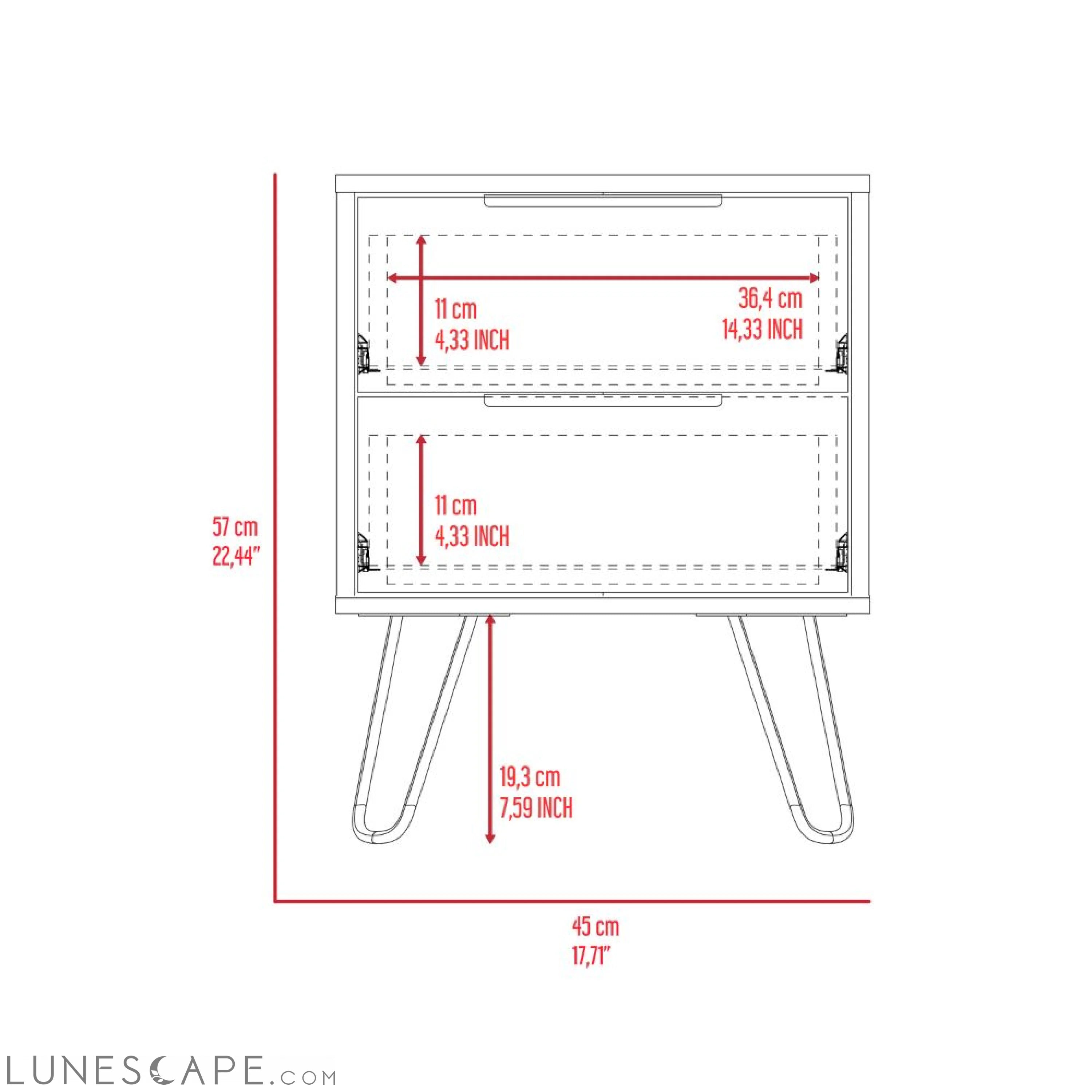 Nightstand Skyoner 2, Harpin Legs, Two Drawers, Light Oak Finish LUNESCAPE
