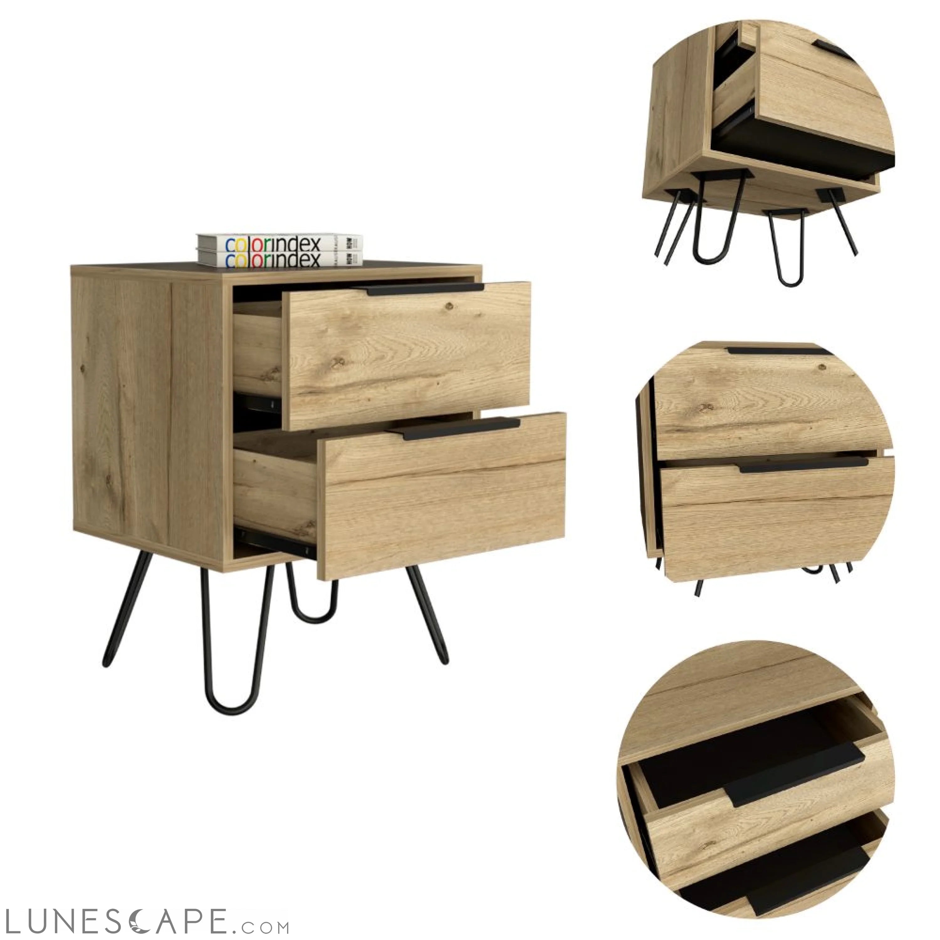 Nightstand Skyoner 2, Harpin Legs, Two Drawers, Light Oak Finish LUNESCAPE