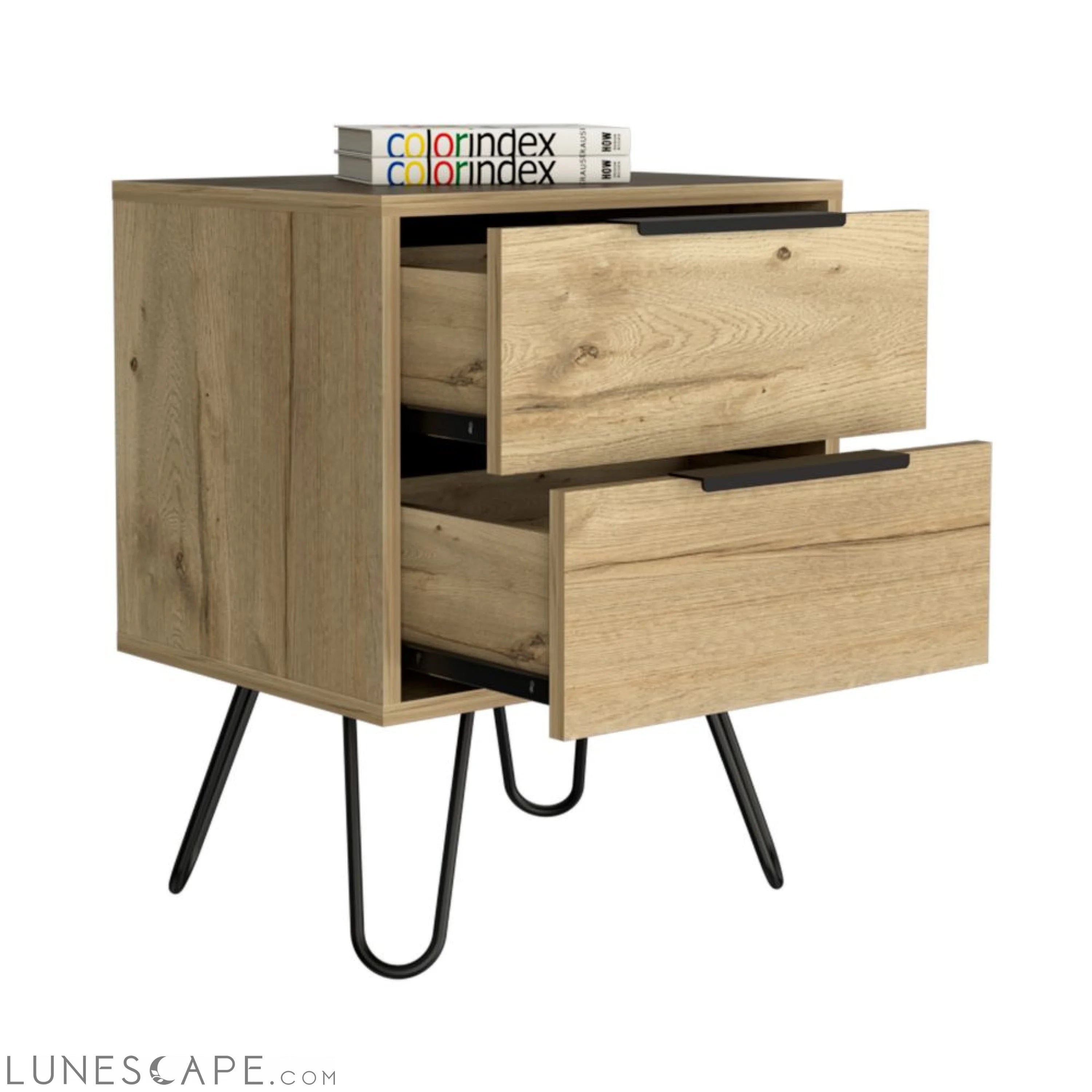 Nightstand Skyoner 2, Harpin Legs, Two Drawers, Light Oak Finish LUNESCAPE