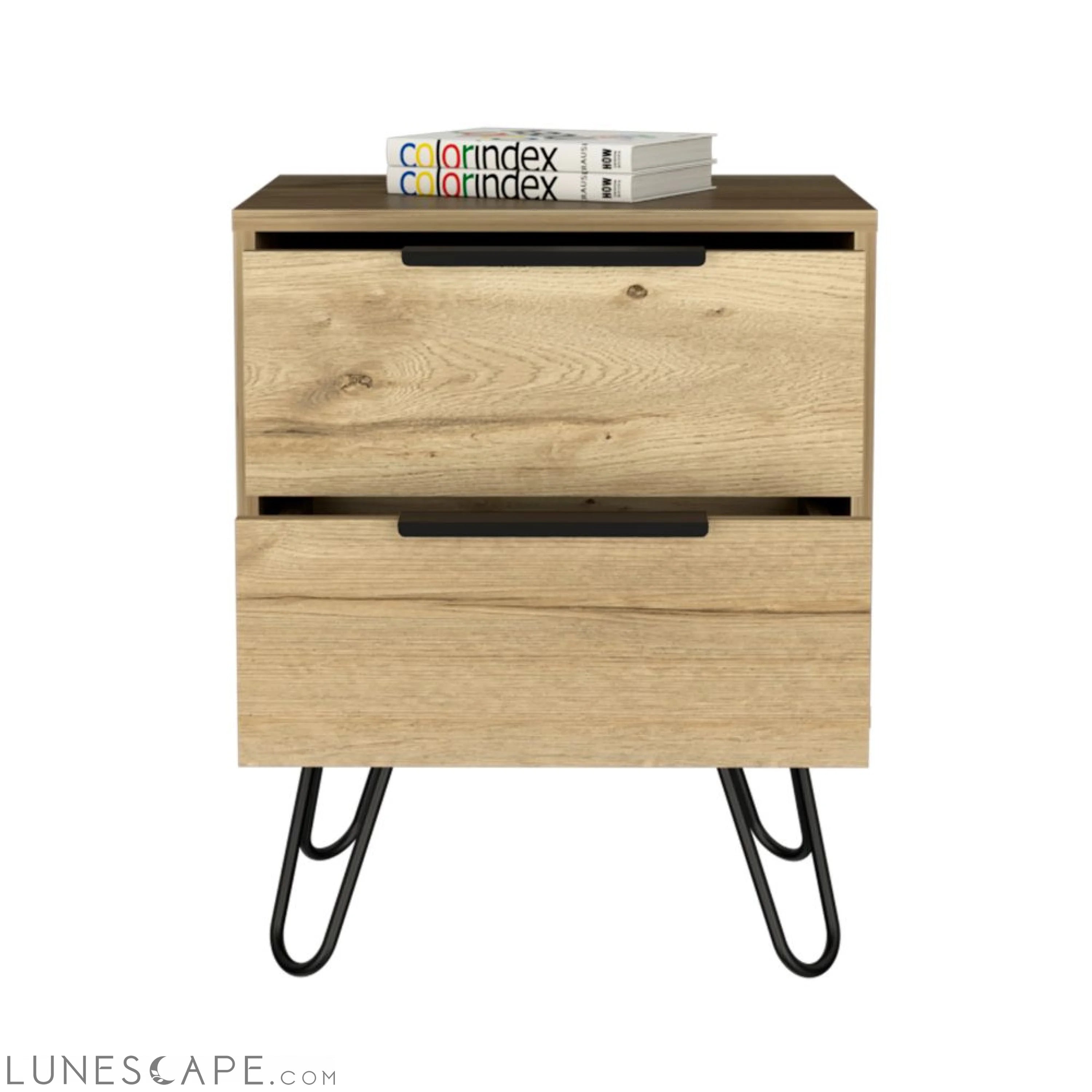 Nightstand Skyoner 2, Harpin Legs, Two Drawers, Light Oak Finish LUNESCAPE