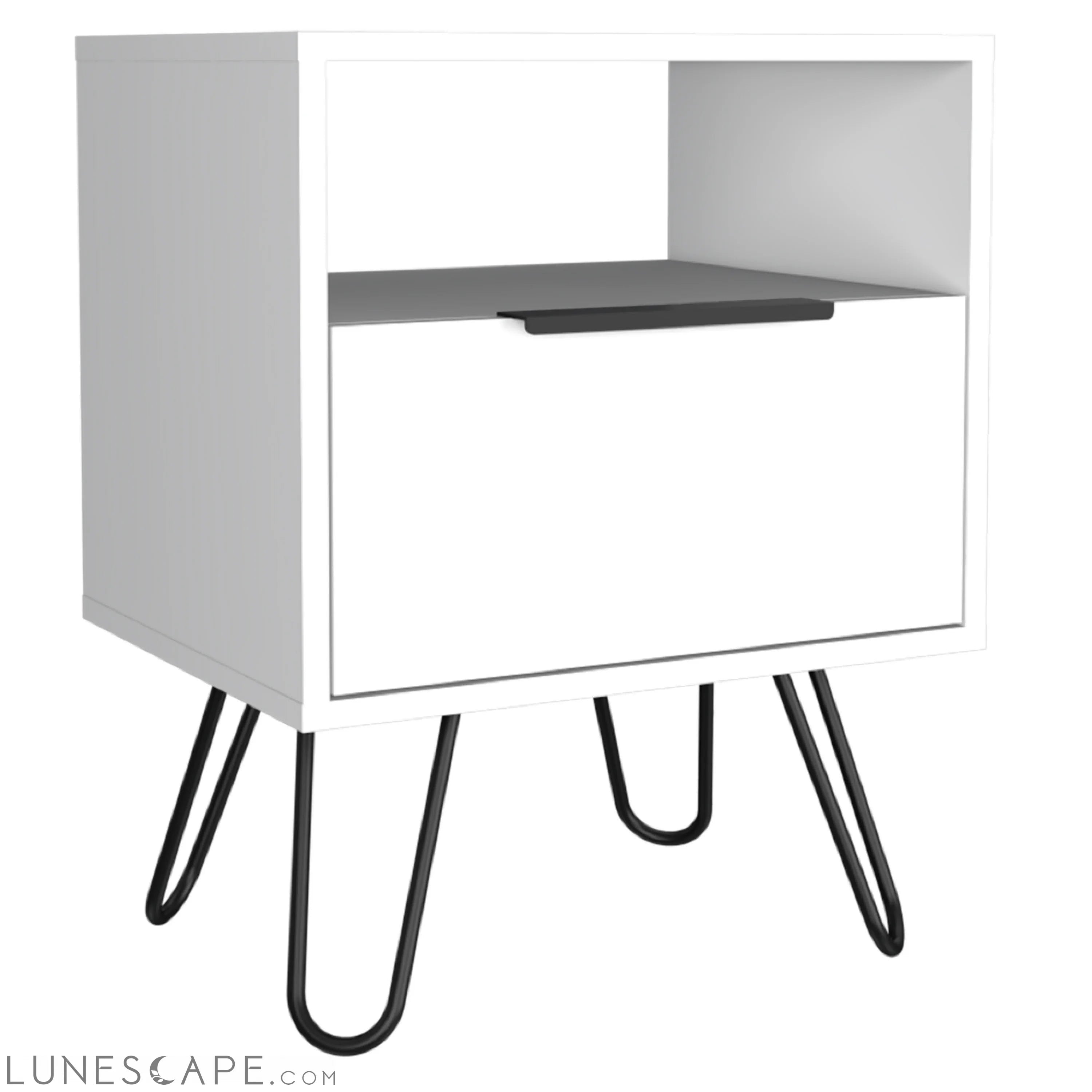 Nightstand Skyoner, Single Drawer, Hairpin Legs, White Finish LUNESCAPE