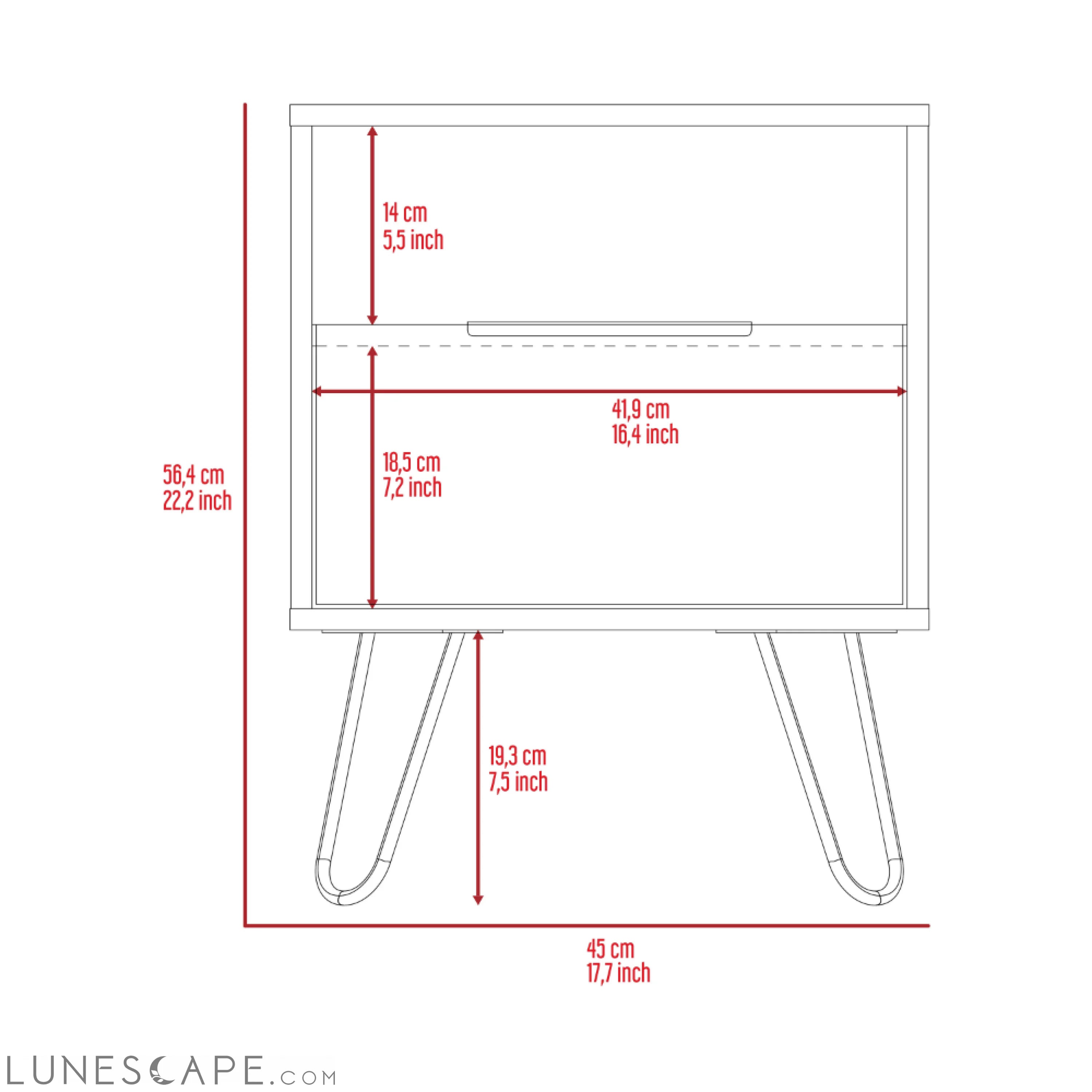 Nightstand Skyoner, Single Drawer, Hairpin Legs, White Finish LUNESCAPE