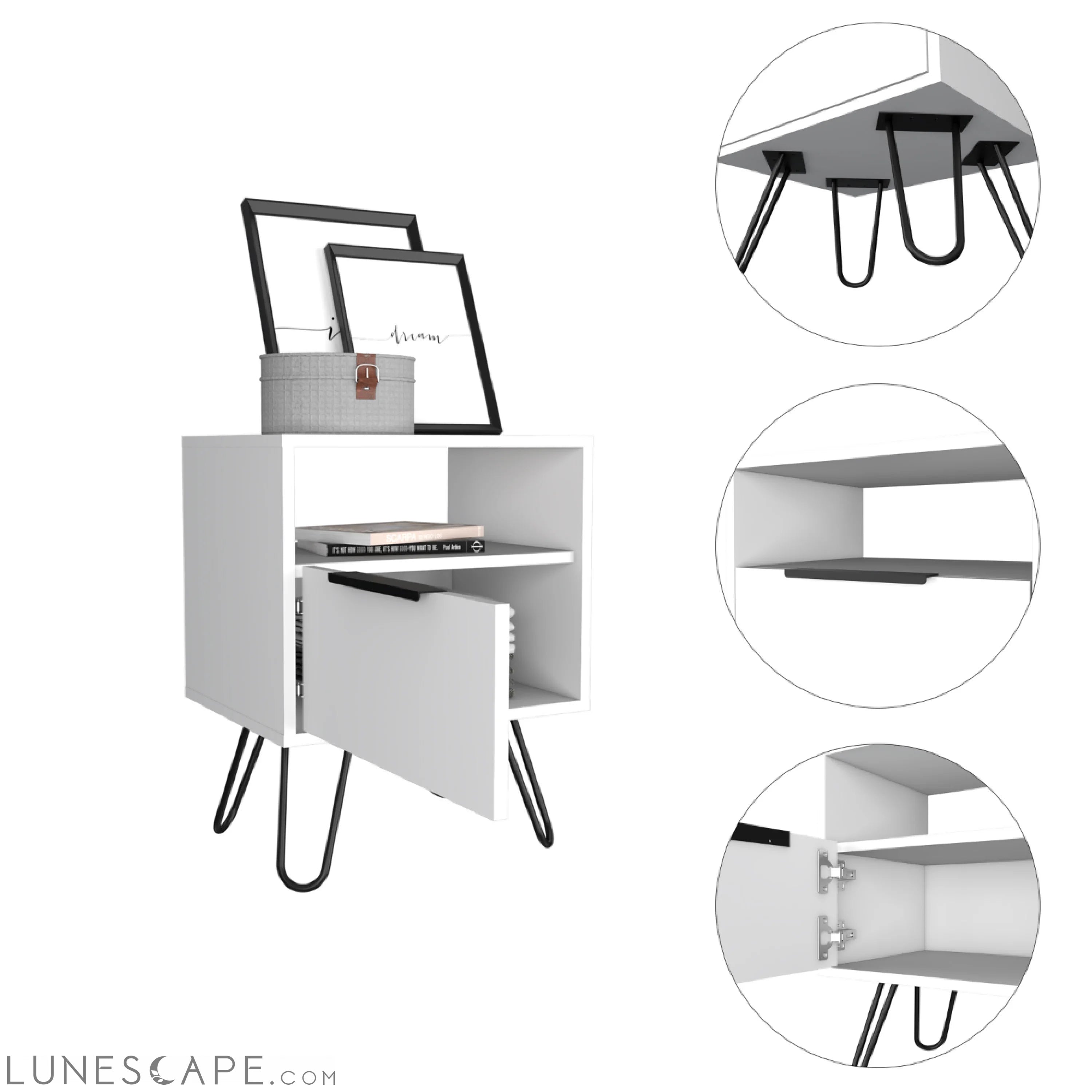 Nightstand Skyoner, Single Drawer, Hairpin Legs, White Finish LUNESCAPE