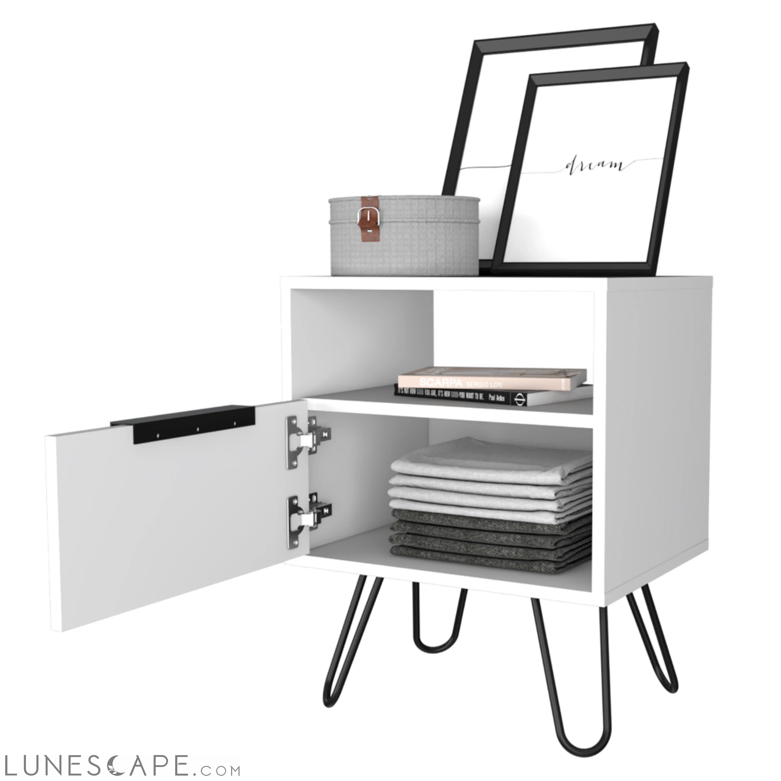 Nightstand Skyoner, Single Drawer, Hairpin Legs, White Finish LUNESCAPE