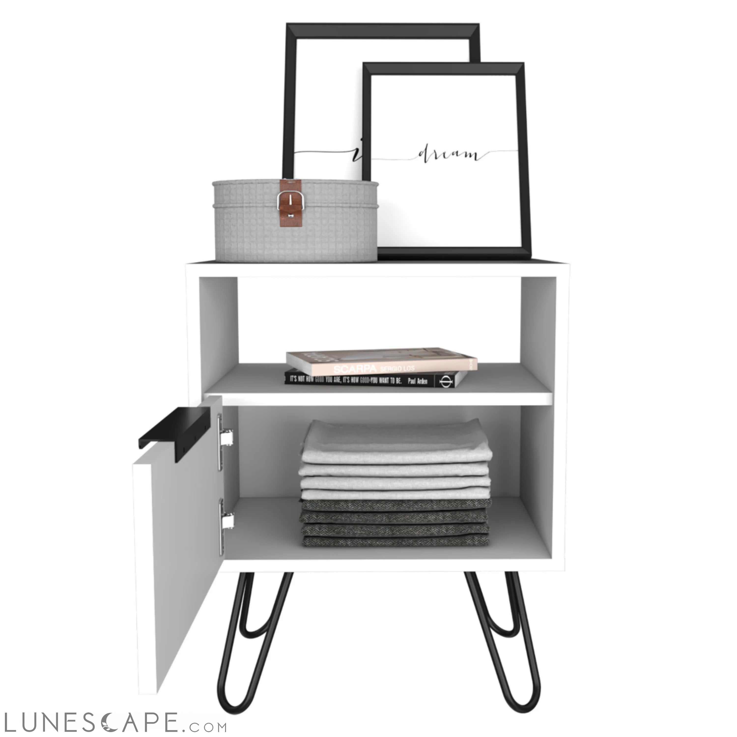 Nightstand Skyoner, Single Drawer, Hairpin Legs, White Finish LUNESCAPE