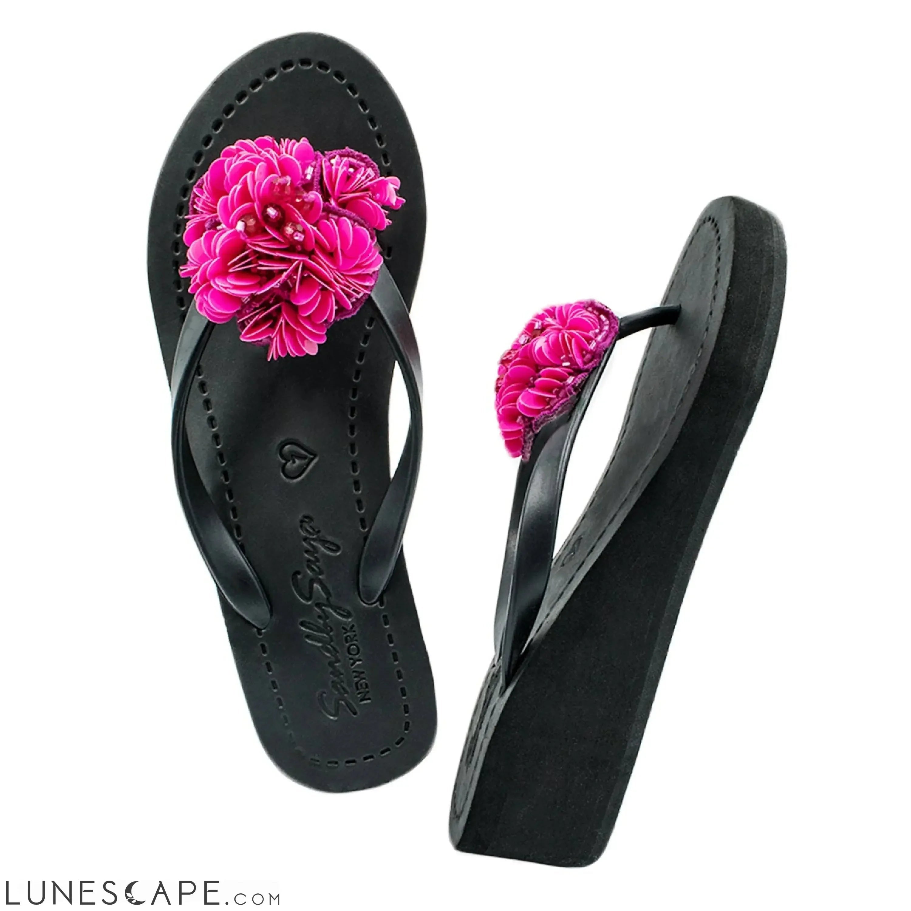 Noho Pink Flower - Embroidered Mid Wedge Flip Flops LUNESCAPE