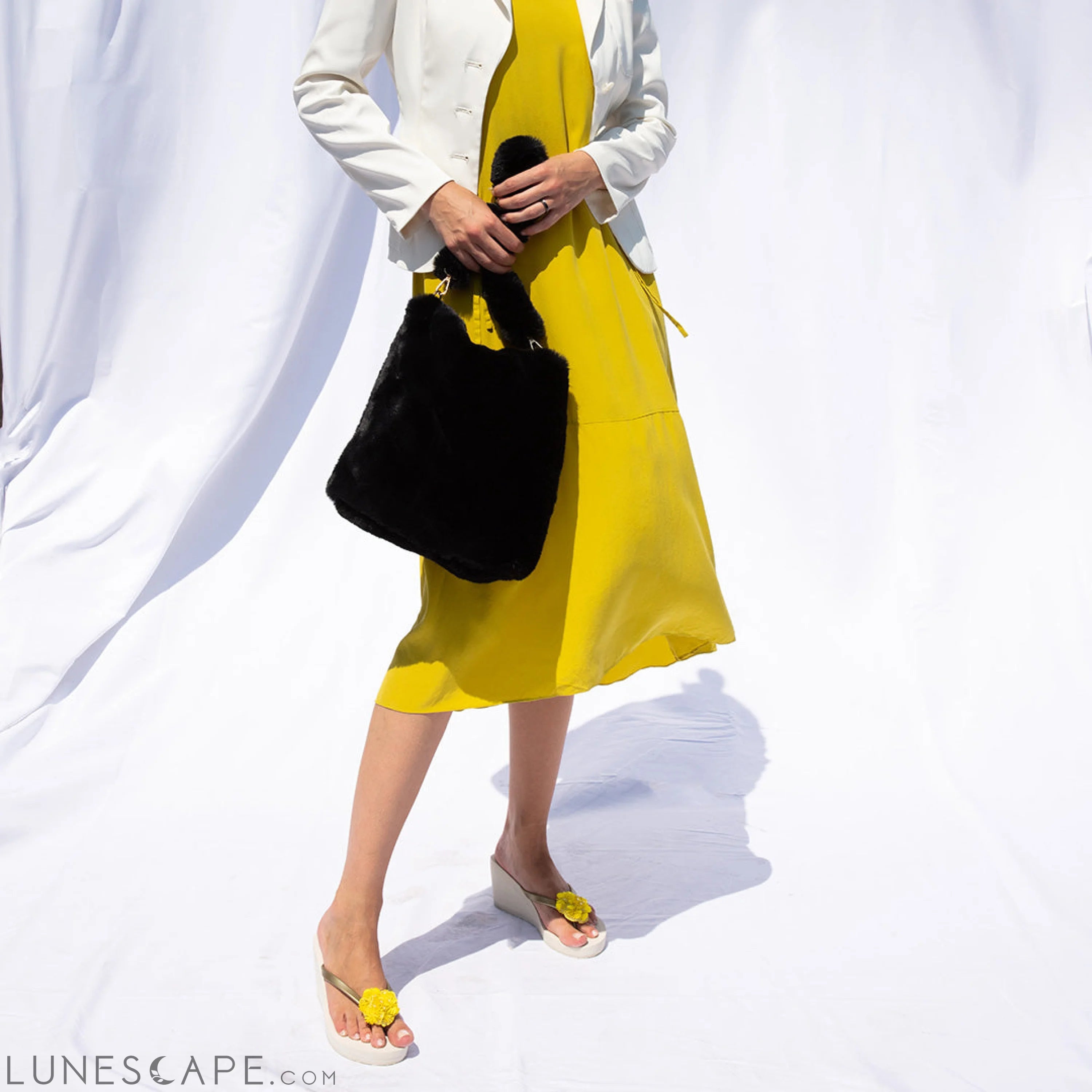 Noho Yellow Flower - Sequence Embellished Women's High Wedge Flip Flops LUNESCAPE