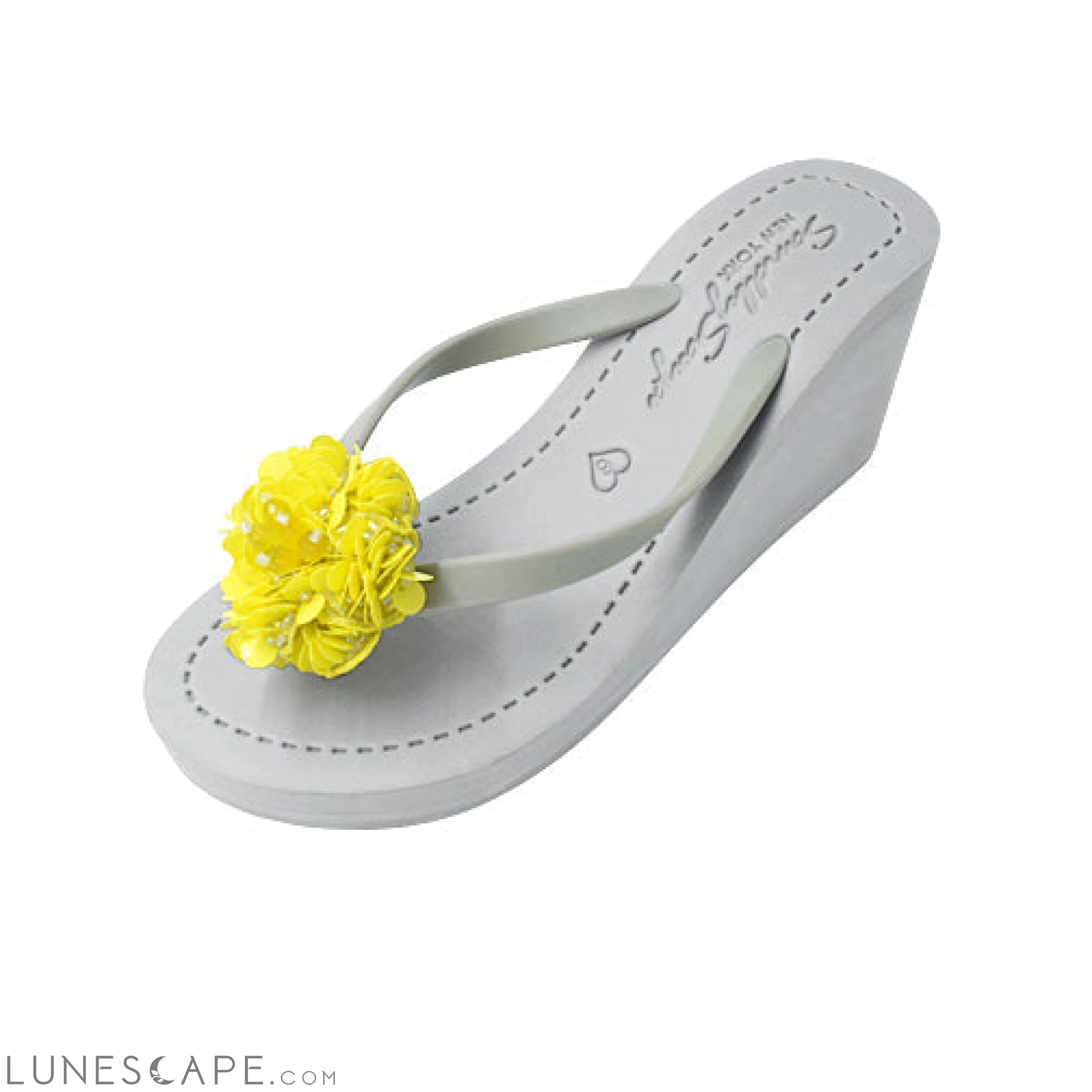 Noho Yellow Flower - Sequence Embellished Women's High Wedge Flip Flops LUNESCAPE