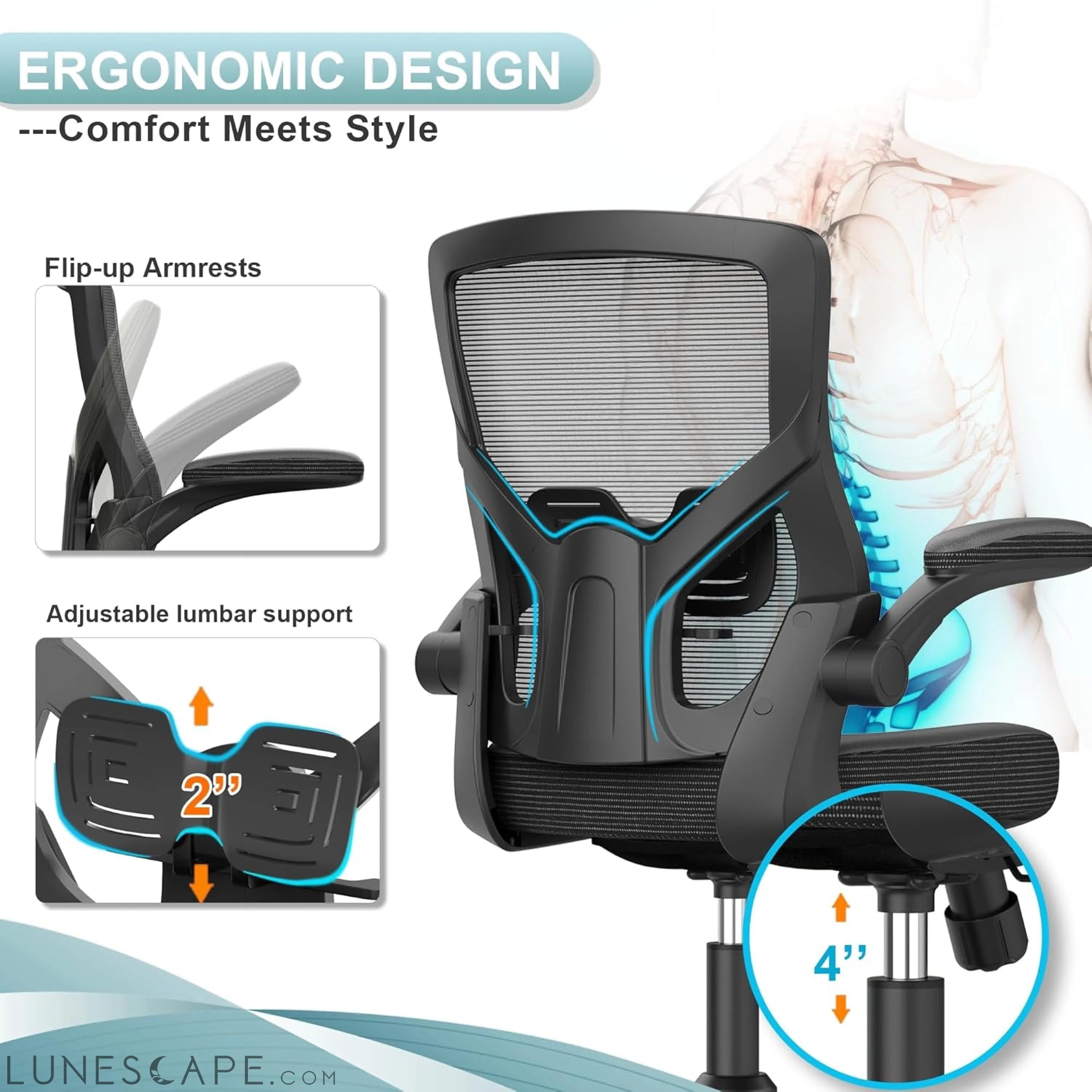 Office Chair, High Back Desk Chair Adjustable Height and Ergonomic LUNESCAPE