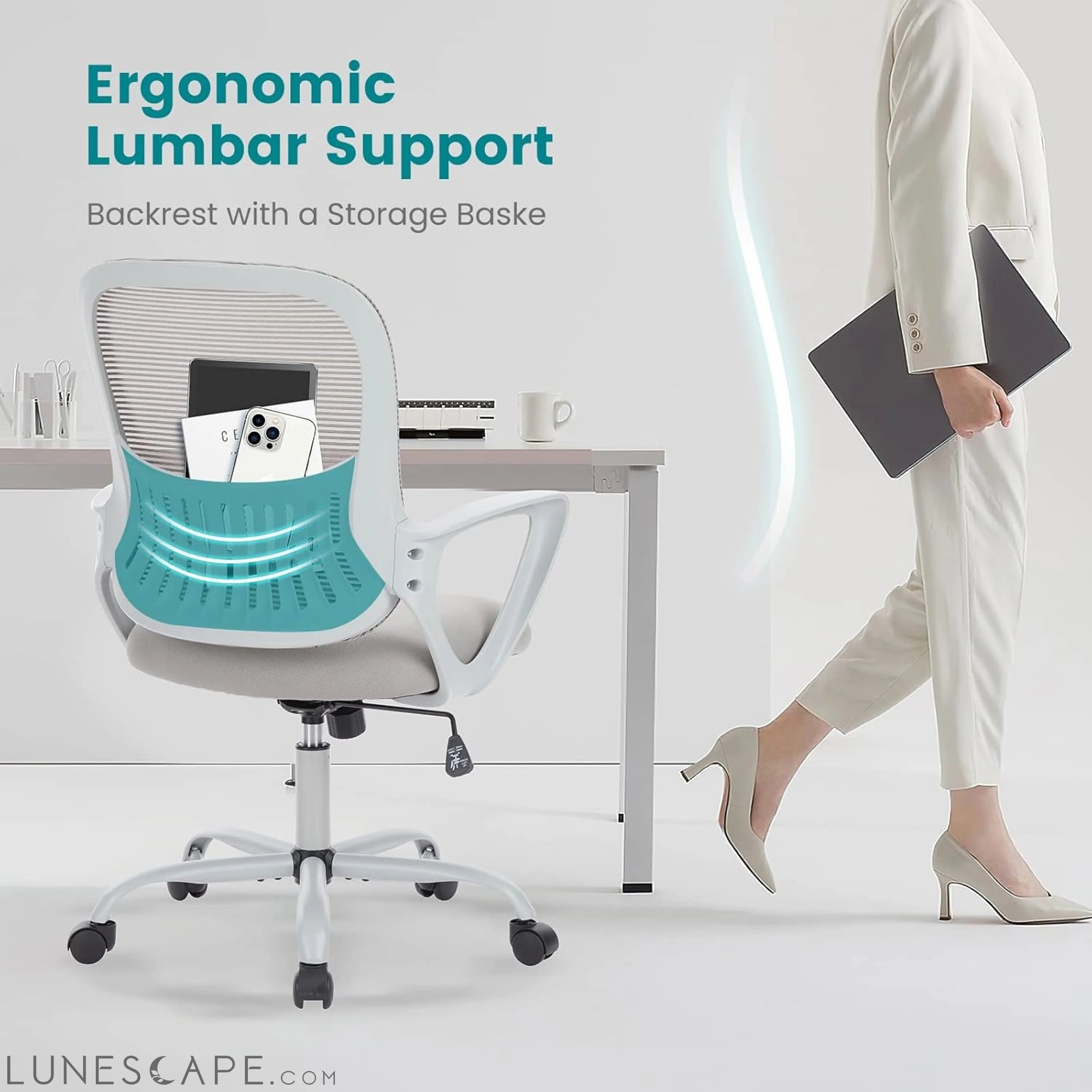 Office Chair, Mid Back Computer Ergonomic Mesh Desk with Larger Seat, LUNESCAPE