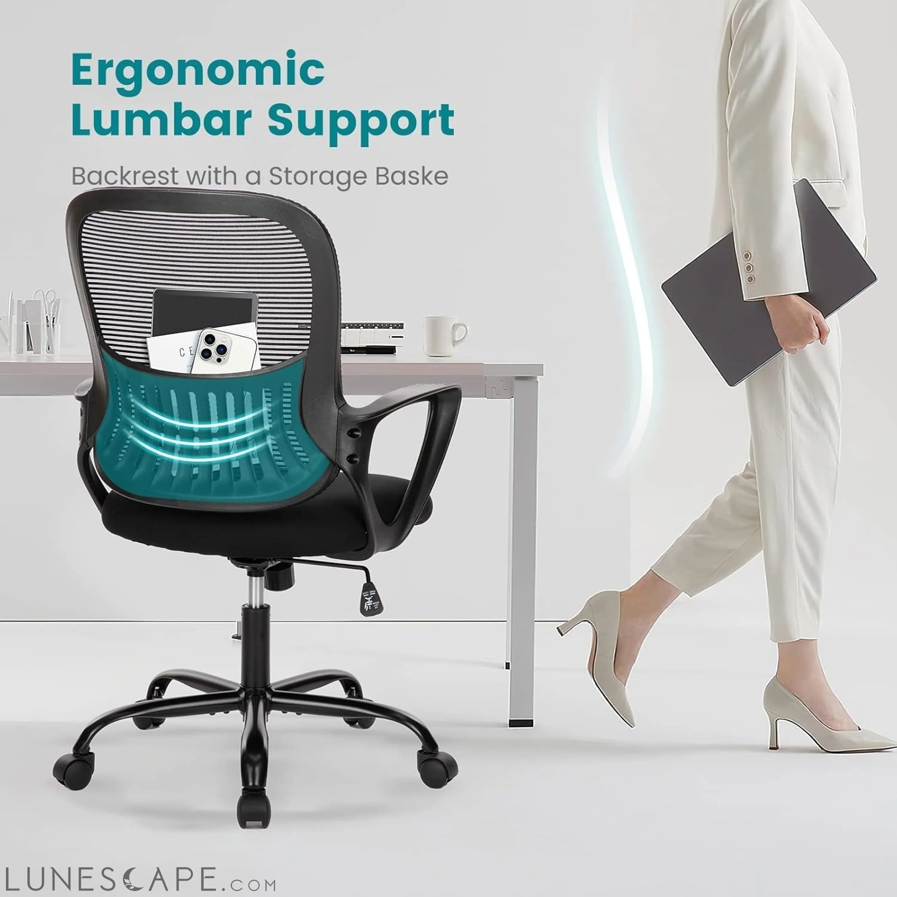Office Chair, Mid Back Computer Ergonomic Mesh Desk with Larger Seat, LUNESCAPE
