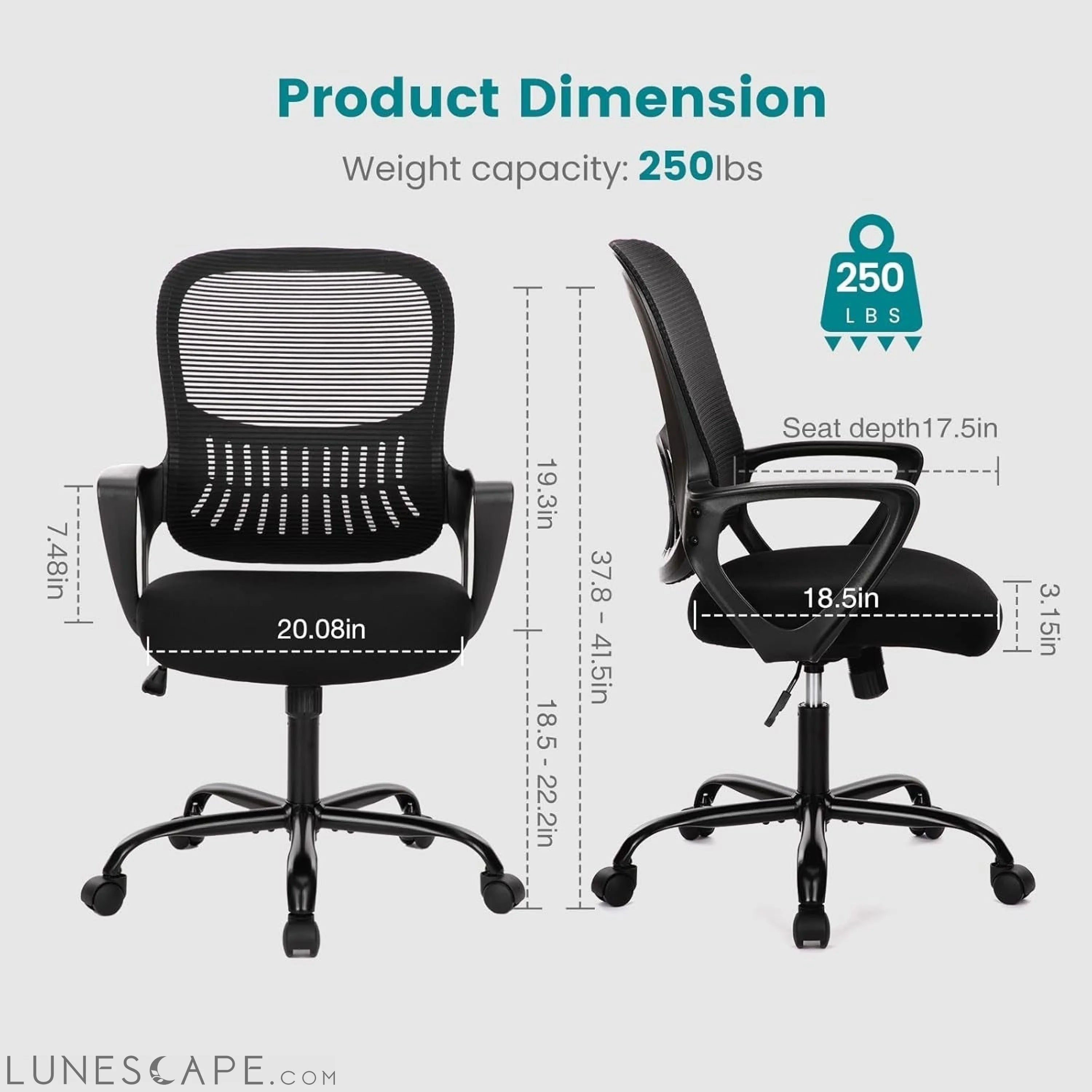 Office Chair, Mid Back Computer Ergonomic Mesh Desk with Larger Seat, LUNESCAPE