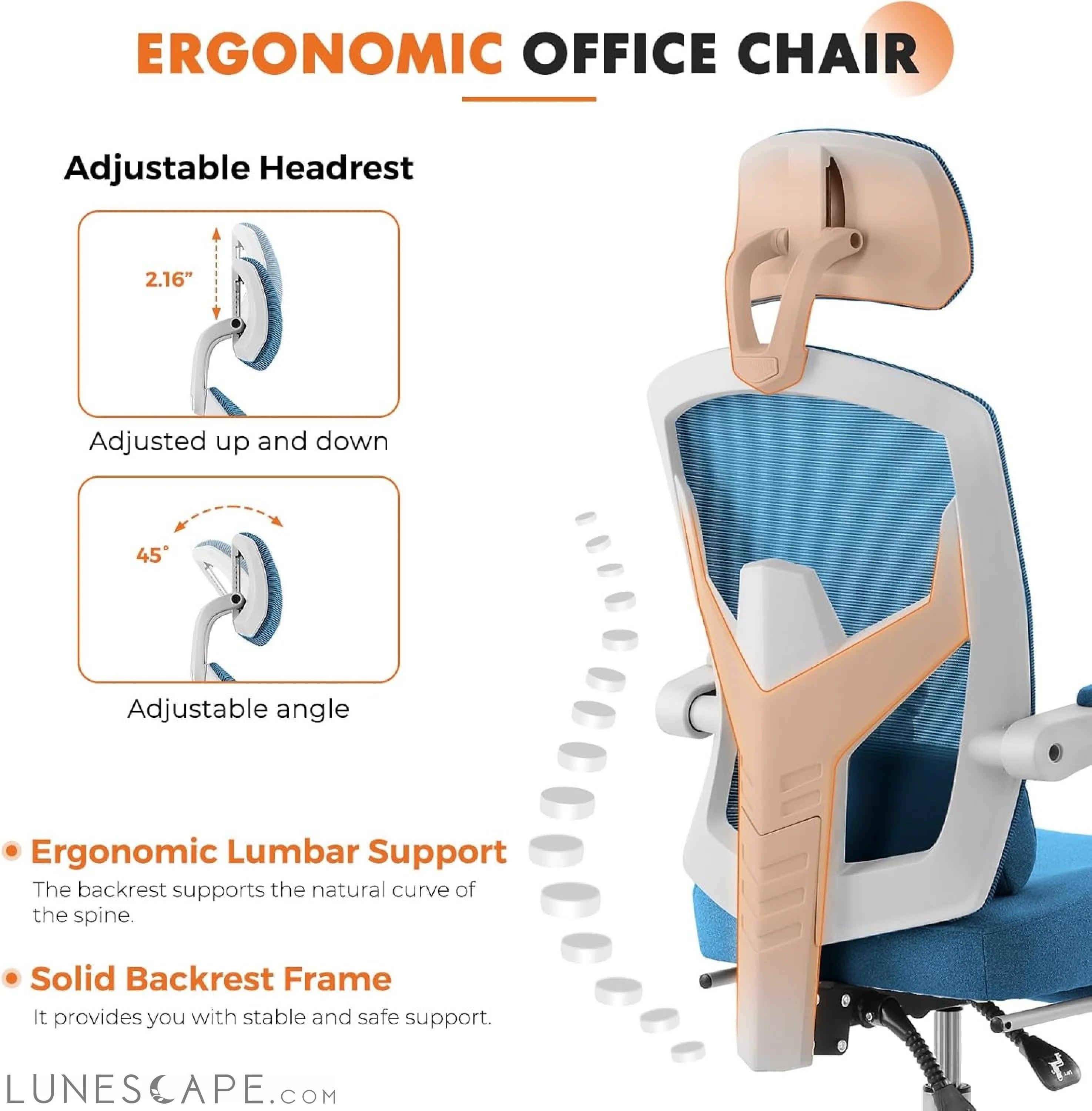 Office Computer Desk Chair, Ergonomic High-Back Mesh Rolling Work LUNESCAPE