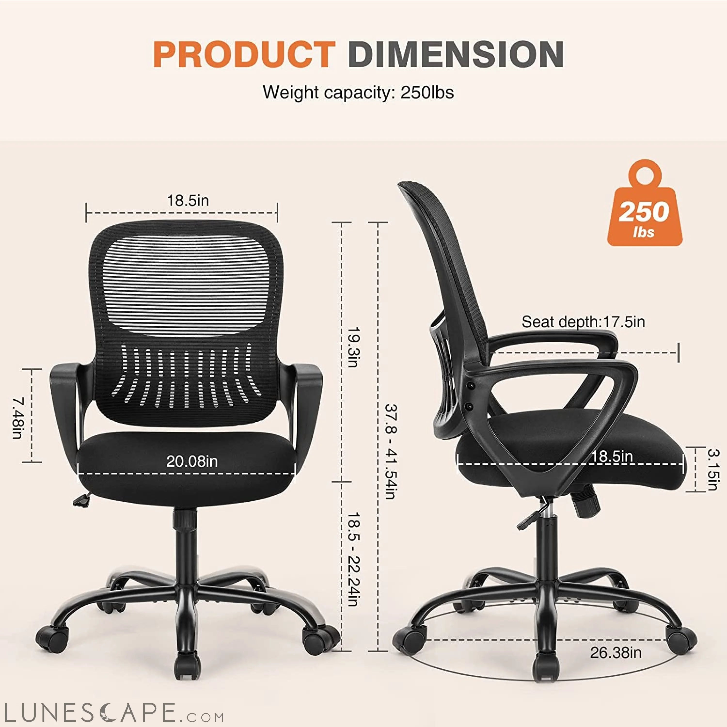 Office Computer Desk Managerial Executive Chair, Ergonomic Mid-Back LUNESCAPE