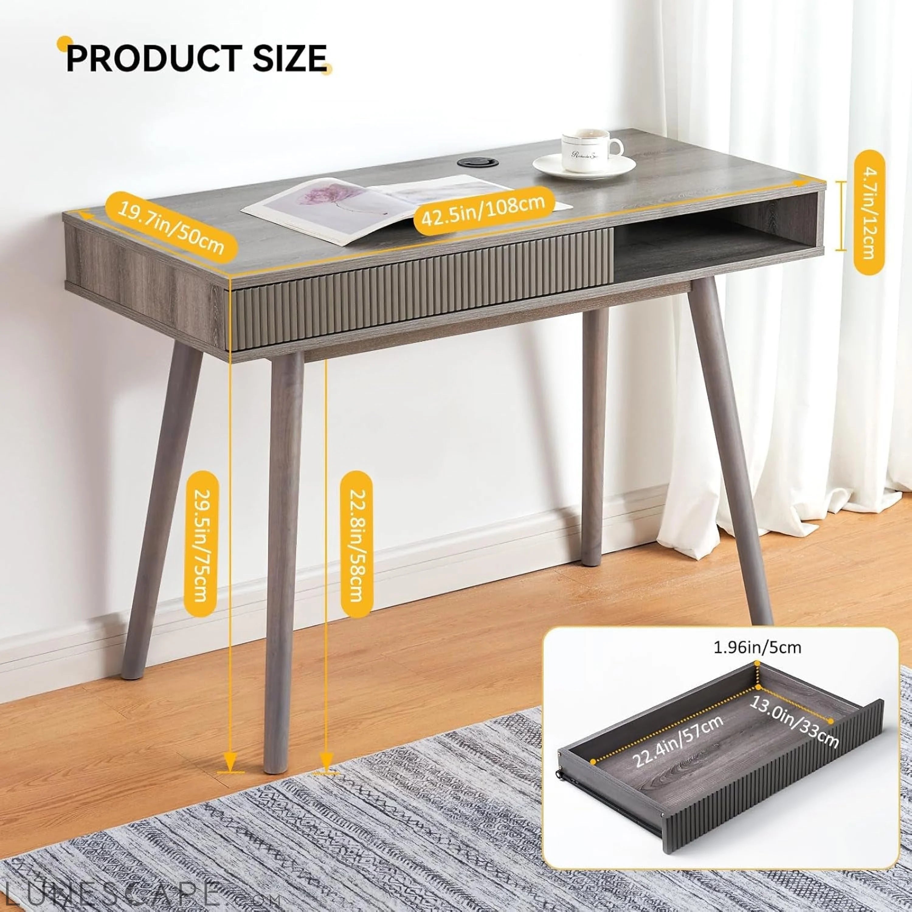 Office Desk Mid Century Modern Desk Writing Desk with Drawer Simple LUNESCAPE