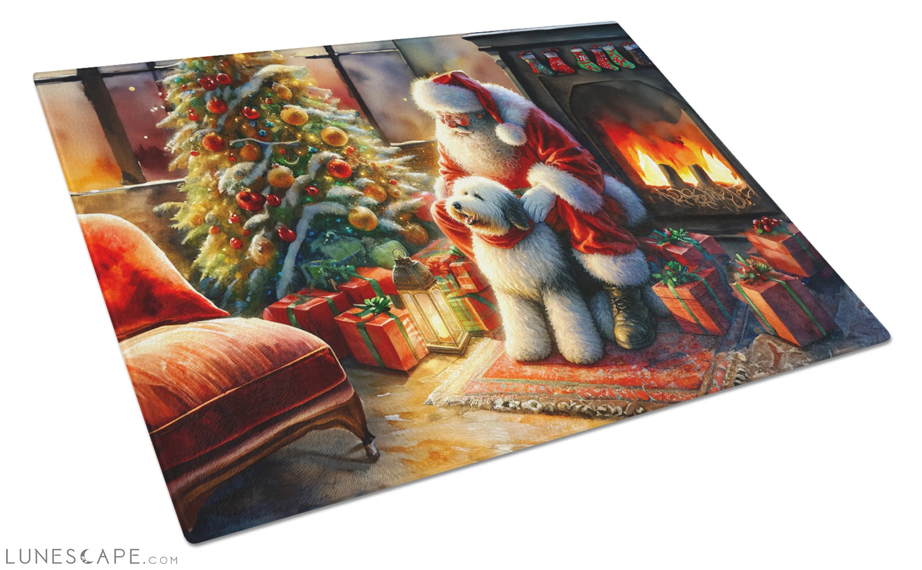 Old English Sheepdog and Santa Claus Glass Cutting Board LUNESCAPE