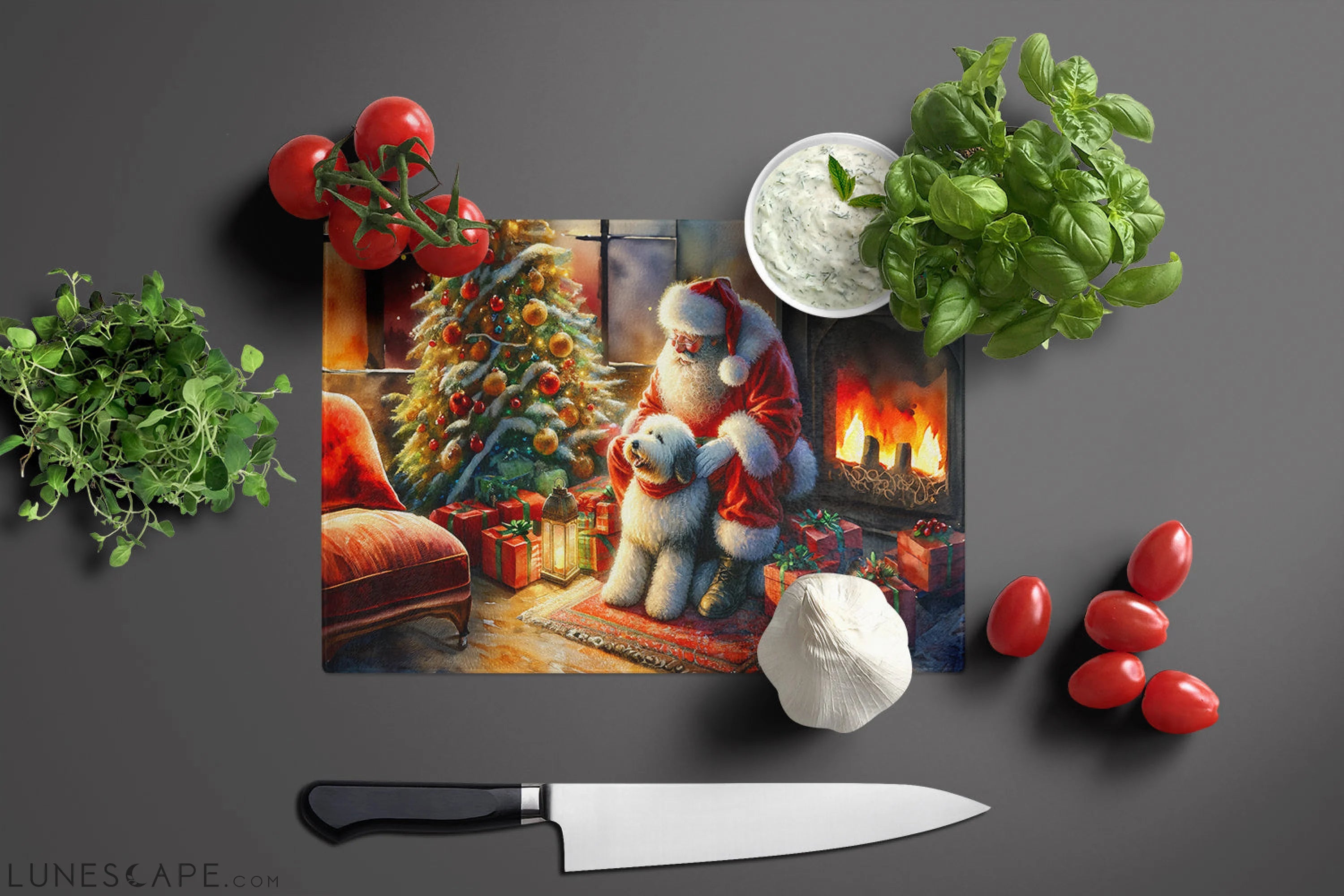 Old English Sheepdog and Santa Claus Glass Cutting Board LUNESCAPE