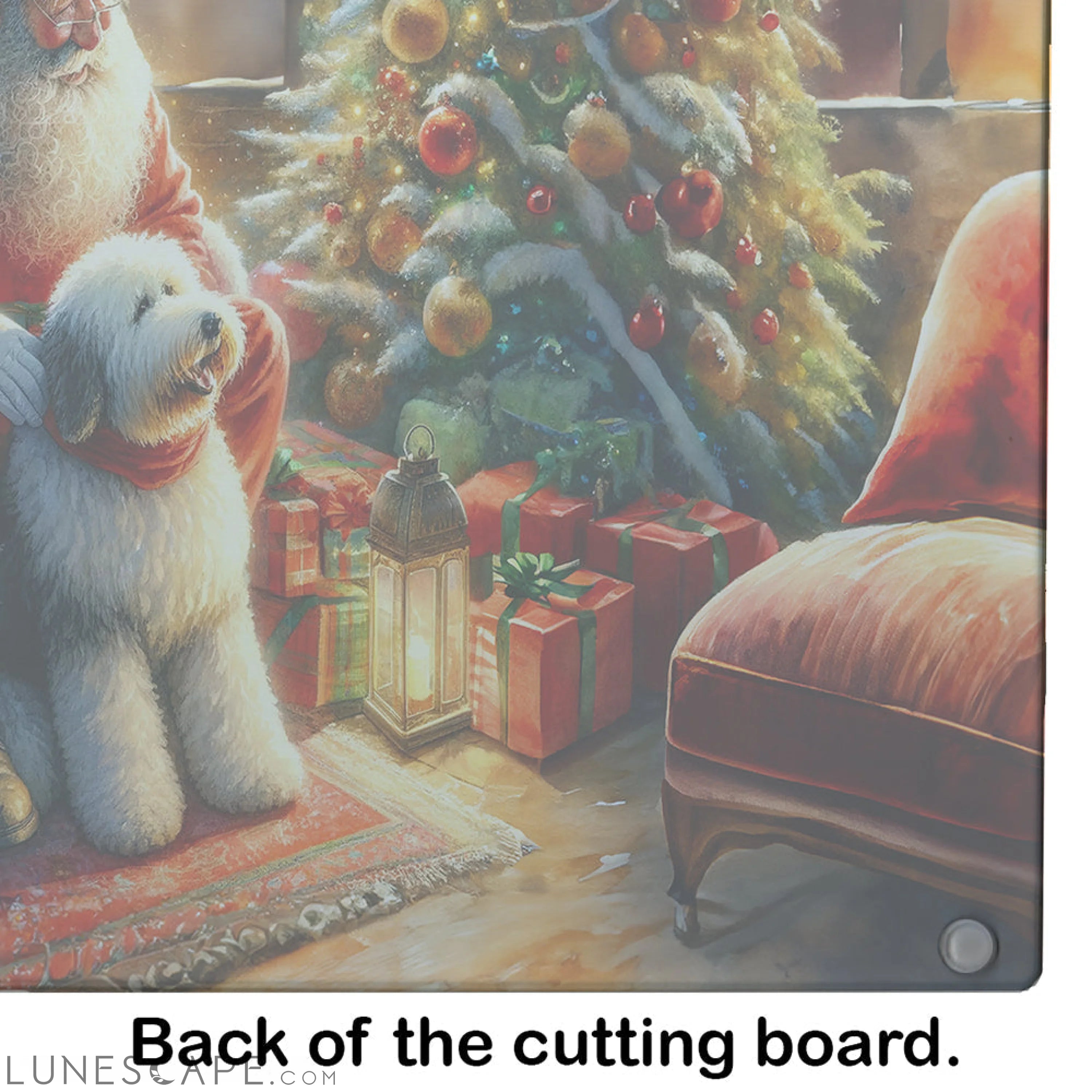 Old English Sheepdog and Santa Claus Glass Cutting Board LUNESCAPE