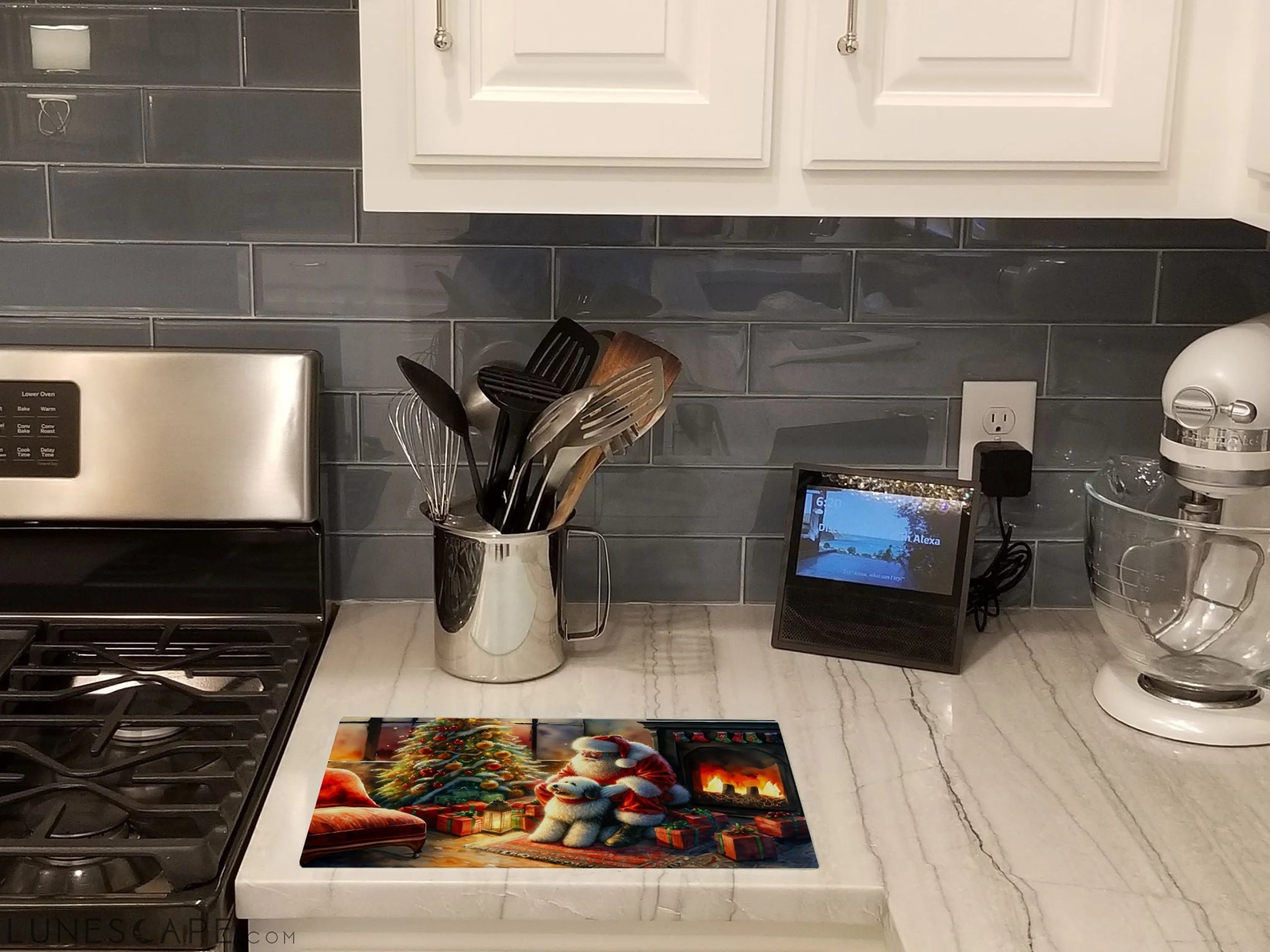 Old English Sheepdog and Santa Claus Glass Cutting Board LUNESCAPE