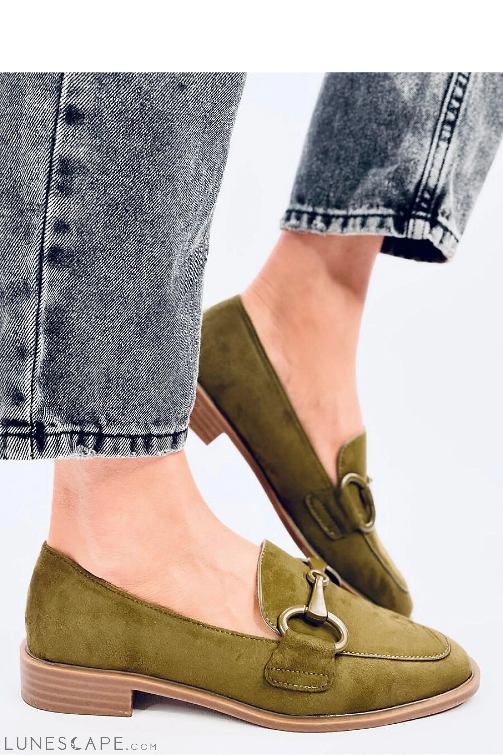 Olive Green Suede Loafers – Women's Almond Toe with Monochrome Horsebit Detail LUNESCAPE
